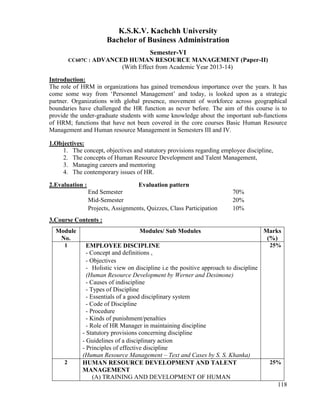 118
K.S.K.V. Kachchh University
Bachelor of Business Administration
Semester-VI
CC607C : ADVANCED HUMAN RESOURCE MANAGEMENT (Paper-II)
(With Effect from Academic Year 2013-14)
Introduction:
The role of HRM in organizations has gained tremendous importance over the years. It has
come some way from „Personnel Management‟ and today, is looked upon as a strategic
partner. Organizations with global presence, movement of workforce across geographical
boundaries have challenged the HR function as never before. The aim of this course is to
provide the under-graduate students with some knowledge about the important sub-functions
of HRM; functions that have not been covered in the core courses Basic Human Resource
Management and Human resource Management in Semesters III and IV.
1.Objectives:
1. The concept, objectives and statutory provisions regarding employee discipline,
2. The concepts of Human Resource Development and Talent Management,
3. Managing careers and mentoring
4. The contemporary issues of HR.
2.Evaluation : Evaluation pattern
End Semester 70%
Mid-Semester 20%
Projects, Assignments, Quizzes, Class Participation 10%
3.Course Contents :
Module
No.
Modules/ Sub Modules Marks
(%)
1 EMPLOYEE DISCIPLINE
- Concept and definitions ,
- Objectives
- Holistic view on discipline i.e the positive approach to discipline
(Human Resource Development by Werner and Desimone)
- Causes of indiscipline
- Types of Discipline
- Essentials of a good disciplinary system
- Code of Discipline
- Procedure
- Kinds of punishment/penalties
- Role of HR Manager in maintaining discipline
- Statutory provisions concerning discipline
- Guidelines of a disciplinary action
- Principles of effective discipline
(Human Resource Management – Text and Cases by S. S. Khanka)
25%
2 HUMAN RESOURCE DEVELOPMENT AND TALENT
MANAGEMENT
(A) TRAINING AND DEVELOPMENT OF HUMAN
25%
 