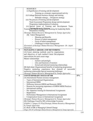 119
RESOURCE
(i) Significance of training and development
- Training as a strategic organizational activity
(ii) Linkage Between business strategy and training
- Defender strategy , - Prospector strategy
(iii) The process of training and development
Need Assessment Programme design and development
Programme implementation Evaluation
(iv) Special forms of Training and Development Team
Training Diversity TrainingTraining for Global Assignments Training for leadership Skills
Orientation Training
(Strategic Human Resource Management by Tanuja Agarwala)
(B) Talent Management
- Meaning and Benefits
- Process of talent management
- Focus of talent management
- Challenges to talent management
(Essentials of Strategic Human Resource Management –Dr. Anjali
Ghanekar)
3 MANAGING CAREERS AND MENTORING
(A) Career planning methods used by organisations
and objectives of each method Career Development
interventions for each career stage
Mentor relationships
- mentors and protégés
- roles and functions of mentors
- formal and informal mentoring relationships
(B) Individual, Organizational benefits of mentoring programmes
Negative mentoring experiences Key element of successful
mentoring relationship Special mentoring challenges
(Strategic Human Resource Management by Tanuja Agarwala)
25%
4 CONTEMPORARY ISSUES OF HR
(A) International Human resource management
- Types of International Organizations
- International HRM
- Difference between IHRM and Domestic HRM
- Reasons for increasing importance of IHRM IHRM Practices
- International staffing
- Pre- departure training for International Assignments
- Repatriation
- Performance Management in International Assignment
- Compensation Issues in International Assignment
(Strategic Human Resource Management by Tanuja Agarwala)
(B) Challenges Faced by HR in Knowledge Economy
(Exhibit 2.2 (pages 81-83)of Strategic Human Resource Management
by Tanuja Agarwala)
(C) Role of HR in Managing Cultural Change
(Pages 104-107 of Strategic Human Resource Management by Tanuja Agarwala)
25%
 