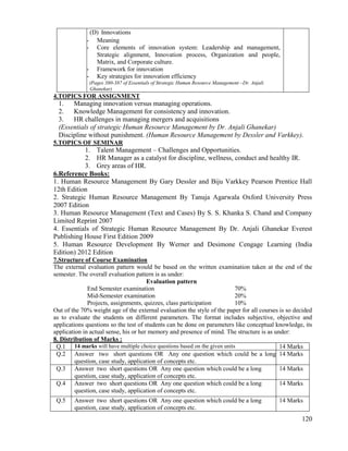 120
(D) Innovations
- Meaning
- Core elements of innovation system: Leadership and management,
Strategic alignment, Innovation process, Organization and people,
Matrix, and Corporate culture.
- Framework for innovation
- Key strategies for innovation efficiency
(Pages 380-387 of Essentials of Strategic Human Resource Management –Dr. Anjali
Ghanekar)
4.TOPICS FOR ASSIGNMENT
1. Managing innovation versus managing operations.
2. Knowledge Management for consistency and innovation.
3. HR challenges in managing mergers and acquisitions
(Essentials of strategic Human Resource Management by Dr. Anjali Ghanekar)
Discipline without punishment. (Human Resource Management by Dessler and Varkkey).
5.TOPICS OF SEMINAR
1. Talent Management – Challenges and Opportunities.
2. HR Manager as a catalyst for discipline, wellness, conduct and healthy IR.
3. Grey areas of HR.
6.Reference Books:
1. Human Resource Management By Gary Dessler and Biju Varkkey Pearson Prentice Hall
12th Edition
2. Strategic Human Resource Management By Tanuja Agarwala Oxford University Press
2007 Edition
3. Human Resource Management (Text and Cases) By S. S. Khanka S. Chand and Company
Limited Reprint 2007
4. Essentials of Strategic Human Resource Management By Dr. Anjali Ghanekar Everest
Publishing House First Edition 2009
5. Human Resource Development By Werner and Desimone Cengage Learning (India
Edition) 2012 Edition
7.Structure of Course Examination
The external evaluation pattern would be based on the written examination taken at the end of the
semester. The overall evaluation pattern is as under:
Evaluation pattern
End Semester examination 70%
Mid-Semester examination 20%
Projects, assignments, quizzes, class participation 10%
Out of the 70% weight age of the external evaluation the style of the paper for all courses is so decided
as to evaluate the students on different parameters. The format includes subjective, objective and
applications questions so the test of students can be done on parameters like conceptual knowledge, its
application in actual sense, his or her memory and presence of mind. The structure is as under:
8. Distribution of Marks :
Q.1 14 marks will have multiple choice questions based on the given units 14 Marks
Q.2 Answer two short questions OR Any one question which could be a long
question, case study, application of concepts etc.
14 Marks
Q.3 Answer two short questions OR Any one question which could be a long
question, case study, application of concepts etc.
14 Marks
Q.4 Answer two short questions OR Any one question which could be a long
question, case study, application of concepts etc.
14 Marks
Q.5 Answer two short questions OR Any one question which could be a long
question, case study, application of concepts etc.
14 Marks
 