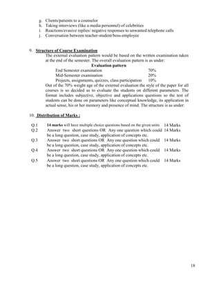 18
g. Clients/patients to a counselor
h. Taking interviews (like a media personnel) of celebrities
i. Reactions/evasive replies/ negative responses to unwanted telephone calls
j. Conversation between teacher-student/boss-employee
9. Structure of Course Examination
The external evaluation pattern would be based on the written examination taken
at the end of the semester. The overall evaluation pattern is as under:
Evaluation pattern
End Semester examination 70%
Mid-Semester examination 20%
Projects, assignments, quizzes, class participation 10%
Out of the 70% weight age of the external evaluation the style of the paper for all
courses is so decided as to evaluate the students on different parameters. The
format includes subjective, objective and applications questions so the test of
students can be done on parameters like conceptual knowledge, its application in
actual sense, his or her memory and presence of mind. The structure is as under:
10. Distribution of Marks :
Q.1 14 marks will have multiple choice questions based on the given units 14 Marks
Q.2 Answer two short questions OR Any one question which could
be a long question, case study, application of concepts etc.
14 Marks
Q.3 Answer two short questions OR Any one question which could
be a long question, case study, application of concepts etc.
14 Marks
Q.4 Answer two short questions OR Any one question which could
be a long question, case study, application of concepts etc.
14 Marks
Q.5 Answer two short questions OR Any one question which could
be a long question, case study, application of concepts etc.
14 Marks
 