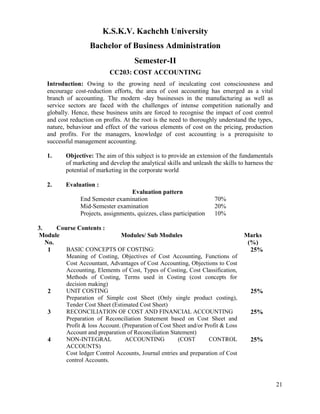 21
K.S.K.V. Kachchh University
Bachelor of Business Administration
Semester-II
CC203: COST ACCOUNTING
Introduction: Owing to the growing need of inculcating cost consciousness and
encourage cost-reduction efforts, the area of cost accounting has emerged as a vital
branch of accounting. The modern -day businesses in the manufacturing as well as
service sectors are faced with the challenges of intense competition nationally and
globally. Hence, these business units are forced to recognise the impact of cost control
and cost reduction on profits. At the root is the need to thoroughly understand the types,
nature, behaviour and effect of the various elements of cost on the pricing, production
and profits. For the managers, knowledge of cost accounting is a prerequisite to
successful management accounting.
1. Objective: The aim of this subject is to provide an extension of the fundamentals
of marketing and develop the analytical skills and unleash the skills to harness the
potential of marketing in the corporate world
2. Evaluation :
Evaluation pattern
End Semester examination 70%
Mid-Semester examination 20%
Projects, assignments, quizzes, class participation 10%
3. Course Contents :
Module
No.
Modules/ Sub Modules Marks
(%)
1 BASIC CONCEPTS OF COSTING:
Meaning of Costing, Objectives of Cost Accounting, Functions of
Cost Accountant, Advantages of Cost Accounting, Objections to Cost
Accounting, Elements of Cost, Types of Costing, Cost Classification,
Methods of Costing, Terms used in Costing (cost concepts for
decision making)
25%
2 UNIT COSTING
Preparation of Simple cost Sheet (Only single product costing),
Tender Cost Sheet (Estimated Cost Sheet)
25%
3 RECONCILIATION OF COST AND FINANCIAL ACCOUNTING
Preparation of Reconciliation Statement based on Cost Sheet and
Profit & loss Account. (Preparation of Cost Sheet and/or Profit & Loss
Account and preparation of Reconciliation Statement)
25%
4 NON-INTEGRAL ACCOUNTING (COST CONTROL
ACCOUNTS)
Cost ledger Control Accounts, Journal entries and preparation of Cost
control Accounts.
25%
 
