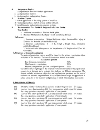 28
4. Assignment Topics:
1. Assignment on derivative and its applications
2. Assignment on matrices
3. Assignment on mathematical finance
5. Seminar Topics:
1. Matrix application in the salary system of an office.
2. Financial project as a part of savings and investment.
3. Use of financial mathematics on personal savings.
6. Recommended Text Books & Suggested reference Books:
Text Books:
a. Business Mathematics: Sancheti and Kapoor
b. Business Mathematics: Kashyap Trivedi and Chirag Trivedi
Refrences:
1. Business Mathematics . (Second Edition) – Qazi Zameeruddin, Vijay K
Khanna, SK Bhambri. (Vikas Publication)
2. Business Mathematics –II – J. K. Singh , Deepti Rani. (Himalaya
pubklishing House)
3. Mathematics for Management An Introduction – M Raghavachari (Tata Mc
Graw Hill)
7. Structure of Course Examination
The external evaluation pattern would be based on the written examination taken
at the end of the semester. The overall evaluation pattern is as under:
Evaluation pattern
End Semester examination 70%
Mid-Semester examination 20%
Projects, assignments, quizzes, class participation 10%
Out of the 70% weight age of the external evaluation the style of the paper for all
courses is so decided as to evaluate the students on different parameters. The
format includes subjective, objective and applications questions so the test of
students can be done on parameters like conceptual knowledge, its application in
actual sense, his or her memory and presence of mind. The structure is as under:
8. Distribution of Marks :
Q.1 14 marks will have multiple choice questions based on the given units 14 Marks
Q.2 Answer two short questions OR Any one question which could
be a long question, case study, application of concepts etc.
14 Marks
Q.3 Answer two short questions OR Any one question which could
be a long question, case study, application of concepts etc.
14 Marks
Q.4 Answer two short questions OR Any one question which could
be a long question, case study, application of concepts etc.
14 Marks
Q.5 Answer two short questions OR Any one question which could
be a long question, case study, application of concepts etc.
14 Marks
 