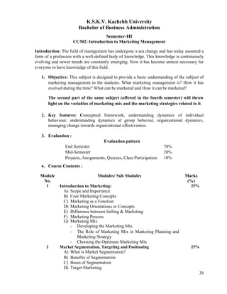 39
K.S.K.V. Kachchh University
Bachelor of Business Administration
Semester-III
CC302: Introduction to Marketing Management
Introduction: The field of management has undergone a sea change and has today assumed a
form of a profession with a well-defined body of knowledge. This knowledge is continuously
evolving and newer trends are constantly emerging. Now it has become utmost necessary for
everyone to have knowledge of this field.
1. Objective: This subject is designed to provide a basic understanding of the subject of
marketing management to the students. What marketing management is? How it has
evolved during the time? What can be marketed and How it can be marketed?
The second part of the same subject (offered in the fourth semester) will throw
light on the variables of marketing mix and the marketing strategies related to it.
2. Key features: Conceptual framework, understanding dynamics of individual
behaviour, understanding dynamics of group behavior, organizational dynamics,
managing change towards organizational effectiveness.
3. Evaluation :
Evaluation pattern
End Semester 70%
Mid-Semester 20%
Projects, Assignments, Quizzes, Class Participation 10%
4. Course Contents :
Module
No.
Modules/ Sub Modules Marks
(%)
1 Introduction to Marketing:
A) Scope and Importance
B) Core Marketing Concepts
C) Marketing as a Function
D) Marketing Orientations or Concepts
E) Difference between Selling & Marketing
F) Marketing Process
G) Marketing Mix
- Developing the Marketing Mix
- The Role of Marketing Mix in Marketing Planning and
Marketing Strategy
- Choosing the Optimum Marketing Mix
25%
2 Market Segmentation, Targeting and Positioning
A) What is Market Segmentation?
B) Benefits of Segmentation
C) Bases of Segmentation
D) Target Marketing
25%
 