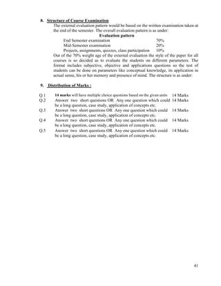 41
8. Structure of Course Examination
The external evaluation pattern would be based on the written examination taken at
the end of the semester. The overall evaluation pattern is as under:
Evaluation pattern
End Semester examination 70%
Mid-Semester examination 20%
Projects, assignments, quizzes, class participation 10%
Out of the 70% weight age of the external evaluation the style of the paper for all
courses is so decided as to evaluate the students on different parameters. The
format includes subjective, objective and applications questions so the test of
students can be done on parameters like conceptual knowledge, its application in
actual sense, his or her memory and presence of mind. The structure is as under:
9. Distribution of Marks :
Q.1 14 marks will have multiple choice questions based on the given units 14 Marks
Q.2 Answer two short questions OR Any one question which could
be a long question, case study, application of concepts etc.
14 Marks
Q.3 Answer two short questions OR Any one question which could
be a long question, case study, application of concepts etc.
14 Marks
Q.4 Answer two short questions OR Any one question which could
be a long question, case study, application of concepts etc.
14 Marks
Q.5 Answer two short questions OR Any one question which could
be a long question, case study, application of concepts etc.
14 Marks
 
