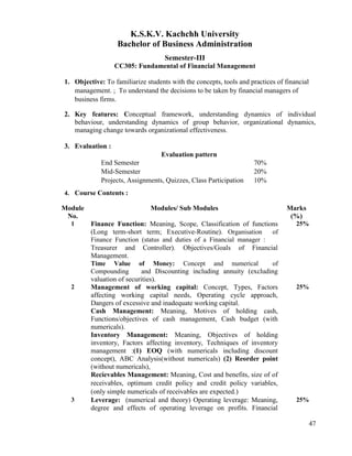 47
K.S.K.V. Kachchh University
Bachelor of Business Administration
Semester-III
CC305: Fundamental of Financial Management
1. Objective: To familiarize students with the concepts, tools and practices of financial
management. ; To understand the decisions to be taken by financial managers of
business firms.
2. Key features: Conceptual framework, understanding dynamics of individual
behaviour, understanding dynamics of group behavior, organizational dynamics,
managing change towards organizational effectiveness.
3. Evaluation :
Evaluation pattern
End Semester 70%
Mid-Semester 20%
Projects, Assignments, Quizzes, Class Participation 10%
4. Course Contents :
Module
No.
Modules/ Sub Modules Marks
(%)
1 Finance Function: Meaning, Scope, Classification of functions
(Long term-short term; Executive-Routine). Organisation of
Finance Function (status and duties of a Financial manager :
Treasurer and Controller). Objectives/Goals of Financial
Management.
Time Value of Money: Concept and numerical of
Compounding and Discounting including annuity (excluding
valuation of securities).
25%
2 Management of working capital: Concept, Types, Factors
affecting working capital needs, Operating cycle approach,
Dangers of excessive and inadequate working capital.
Cash Management: Meaning, Motives of holding cash,
Functions/objectives of cash management, Cash budget (with
numericals).
Inventory Management: Meaning, Objectives of holding
inventory, Factors affecting inventory, Techniques of inventory
management :(1) EOQ (with numericals including discount
concept), ABC Analysis(without numericals) (2) Reorder point
(without numericals),
Recievables Management: Meaning, Cost and benefits, size of of
receivables, optimum credit policy and credit policy variables,
(only simple numericals of receivables are expected.)
25%
3 Leverage: (numerical and theory) Operating leverage: Meaning,
degree and effects of operating leverage on profits. Financial
25%
 