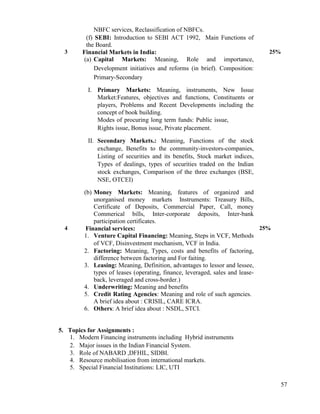 57
NBFC services, Reclassification of NBFCs.
(f) SEBI: Introduction to SEBI ACT 1992, Main Functions of
the Board.
3 Financial Markets in India:
(a) Capital Markets: Meaning, Role and importance,
Development initiatives and reforms (in brief). Composition:
Primary-Secondary
I. Primary Markets: Meaning, instruments, New Issue
Market:Features, objectives and functions, Constituents or
players, Problems and Recent Developments including the
concept of book building.
Modes of procuring long term funds: Public issue,
Rights issue, Bonus issue, Private placement.
II. Secondary Markets.: Meaning, Functions of the stock
exchange, Benefits to the community-investors-companies,
Listing of securities and its benefits, Stock market indices,
Types of dealings, types of securities traded on the Indian
stock exchanges, Comparison of the three exchanges (BSE,
NSE, OTCEI)
(b) Money Markets: Meaning, features of organized and
unorganised money markets Instruments: Treasury Bills,
Certificate of Deposits, Commercial Paper, Call, money
Commerical bills, Inter-corporate deposits, Inter-bank
participation certificates.
25%
4 Financial services:
1. Venture Capital Financing: Meaning, Steps in VCF, Methods
of VCF, Disinvestment mechanism, VCF in India.
2. Factoring: Meaning, Types, costs and benefits of factoring,
difference between factoring and For faiting.
3. Leasing: Meaning, Definition, advantages to lessor and lessee,
types of leases (operating, finance, leveraged, sales and lease-
back, leveraged and cross-border.)
4. Underwriting: Meaning and benefits
5. Credit Rating Agencies: Meaning and role of such agencies.
A brief idea about : CRISIL, CARE ICRA.
6. Others: A brief idea about : NSDL, STCI.
25%
5. Topics for Assignments :
1. Modern Financing instruments including Hybrid instruments
2. Major issues in the Indian Financial System.
3. Role of NABARD ,DFHIL, SIDBI.
4. Resource mobilisation from international markets.
5. Special Financial Institutions: LIC, UTI
 