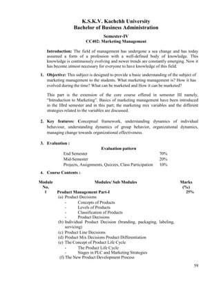 59
K.S.K.V. Kachchh University
Bachelor of Business Administration
Semester-IV
CC402: Marketing Management
Introduction: The field of management has undergone a sea change and has today
assumed a form of a profession with a well-defined body of knowledge. This
knowledge is continuously evolving and newer trends are constantly emerging. Now it
has become utmost necessary for everyone to have knowledge of this field.
1. Objective: This subject is designed to provide a basic understanding of the subject of
marketing management to the students. What marketing management is? How it has
evolved during the time? What can be marketed and How it can be marketed?
This part is the extension of the core course offered in semester III namely,
“Introduction to Marketing”. Basics of marketing management have been introduced
in the IIIrd semester and in this part; the marketing mix variables and the different
strategies related to the variables are discussed.
2. Key features: Conceptual framework, understanding dynamics of individual
behaviour, understanding dynamics of group behavior, organizational dynamics,
managing change towards organizational effectiveness.
3. Evaluation :
Evaluation pattern
End Semester 70%
Mid-Semester 20%
Projects, Assignments, Quizzes, Class Participation 10%
4. Course Contents :
Module
No.
Modules/ Sub Modules Marks
(%)
1 Product Management Part-I
(a) Product Decisions
- Concepts of Products
- Levels of Products
- Classification of Products
- Product Decisions
(b) Individual Product Decision (branding, packaging, labeling,
servicing)
(c) Product Line Decisions
(d) Product Mix Decisions Product Differentiation
(e) The Concept of Product Life Cycle
- The Product Life Cycle
- Stages in PLC and Marketing Strategies
(f) The New Product Development Process
25%
 