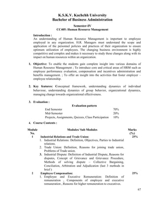 67
K.S.K.V. Kachchh University
Bachelor of Business Administration
Semester-IV
CC405: Human Resource Management
Introduction :
An understanding of Human Resource Management is important to employee
employed in any organization. H.R. Managers must understand the scope and
application of the personnel policies and practices of their organization to ensure
optimum utilization of employees. The changing business environment is highly
competitive and complex and makes it necessary to study these changes along with its
impact on human resources within an organization.
1. Objective: To enable the students gain complete insight into various domains of
Human Resource Management ; To introduce core and critical areas of HRM such as
employee performance evaluation, compensation and incentives administration and
benefits management. ; To offer an insight into the activities that foster employer –
employee relationship.
2. Key features: Conceptual framework, understanding dynamics of individual
behaviour, understanding dynamics of group behavior, organizational dynamics,
managing change towards organizational effectiveness.
3. Evaluation :
Evaluation pattern
End Semester 70%
Mid-Semester 20%
Projects, Assignments, Quizzes, Class Participation 10%
4. Course Contents :
Module
No.
Modules/ Sub Modules Marks
(%)
1 Industrial Relations and Trade Union:
1. Industrial Relations: Definition, Objectives, Parties to Industrial
relations.
2. Trade Union: Definition, Reasons for joining trade union,
Problems of Trade union.
3. Industrial Dispute: Definition of Industrial Dispute, Reasons for
disputes, Concept of Grievance and Grievance Procedure,
Methods of solving dispute – Collective Bargaining,
Conciliation, Arbitration and Adjudication (last 3 methods in
brief )
25%
2 Employee Compensation:
1. Employee and Executive Remuneration: Definition of
remuneration , Components of employee and executive
remuneration , Reasons for higher remuneration to executives.
25%
 
