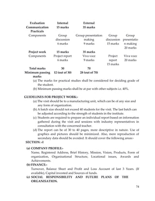 74
Evaluation Internal External
Communication 15 marks 35 marks
Practicals
Components Group Group presentation Group Group
discussion making discussion presentatio
6 marks 9 marks 15 marks n making
20 marks
Project work 15 marks 35 marks
Components Project report Viva voce Project Viva voce
6 marks 9 marks report 20 marks
15 marks
Total marks 30 70
Minimum passing 12 (out of 30) 28 (out of 70)
marks
(a) The marks for practical studies shall be considered for deciding grade of
the student.
(b) Minimum passing marks shall be at par with other subjects i.e. 40%.
GUIDELINES FOR PROJECT WORK:‐
(a) The visit should be to a manufacturing unit, which can be of any size and
any form of organization.
(b) A batch size should not exceed 40 students for the visit. The last batch can
be adjusted according to the strength of students in the institute.
(c) Students are required to prepare an individual report based on information
gathered during the visit and sessions with industry representatives in
consultation with the concerned teacher.
(d) The report can be of 30 to 40 pages, more descriptive in nature. Use of
graphics and pictures should be minimized. Also, mere reproduction of
secondary data should be avoided. It should cover the following areas:‐
SECTION :‐I
(a) COMPANY PROFILE:‐
Name, Registered Address, Brief History, Mission, Vision, Products, Form of
organization, Organisational Structure, Locational issues, Awards and
Achievements.
(b) FINANCE:‐
Turnover, Balance Sheet and Profit and Loss Account of last 3 Years. (If
available), Capital invested and Sources of funds.
(c) SOCIAL RESPONSIBILITY AND FUTURE PLANS OF THE
ORGANISATION.
 