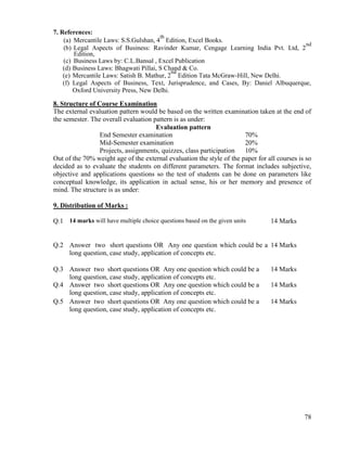 78
7. References:
(a) Mercantile Laws: S.S.Gulshan, 4
th
Edition, Excel Books.
(b) Legal Aspects of Business: Ravinder Kumar, Cengage Learning India Pvt. Ltd, 2
nd
Edition,
(c) Business Laws by: C.L.Bansal , Excel Publication
(d) Business Laws: Bhagwati Pillai, S Chand & Co.
(e) Mercantile Laws: Satish B. Mathur, 2
nd
Edition Tata McGraw-Hill, New Delhi.
(f) Legal Aspects of Business, Text, Jurisprudence, and Cases, By: Daniel Albuquerque,
Oxford University Press, New Delhi.
8. Structure of Course Examination
The external evaluation pattern would be based on the written examination taken at the end of
the semester. The overall evaluation pattern is as under:
Evaluation pattern
End Semester examination 70%
Mid-Semester examination 20%
Projects, assignments, quizzes, class participation 10%
Out of the 70% weight age of the external evaluation the style of the paper for all courses is so
decided as to evaluate the students on different parameters. The format includes subjective,
objective and applications questions so the test of students can be done on parameters like
conceptual knowledge, its application in actual sense, his or her memory and presence of
mind. The structure is as under:
9. Distribution of Marks :
Q.1 14 marks will have multiple choice questions based on the given units 14 Marks
Q.2 Answer two short questions OR Any one question which could be a
long question, case study, application of concepts etc.
14 Marks
Q.3 Answer two short questions OR Any one question which could be a
long question, case study, application of concepts etc.
14 Marks
Q.4 Answer two short questions OR Any one question which could be a
long question, case study, application of concepts etc.
14 Marks
Q.5 Answer two short questions OR Any one question which could be a
long question, case study, application of concepts etc.
14 Marks
 