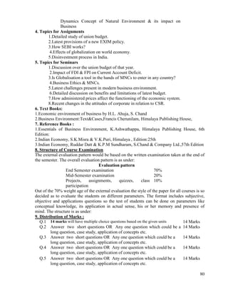 80
Dynamics Concept of Natural Environment & its impact on
Business
4. Topics for Assignments
1.Detailed study of union budget.
2.Latest provisions of a new EXIM policy.
3.How SEBI works?
4.Effects of globalization on world economy.
5.Disinvestment process in India.
5. Topics for Seminars
1.Discussion over the union budget of that year.
2.Impact of FDI & FPI on Current Account Deficit.
3.Is Globalisation a tool in the hands of MNCs to enter in any country?
4.Business Ethics & MNCs.
5.Latest challenges present in modern business environment.
6.Detailed discussion on benefits and limitations of latest budget.
7.How administered prices affect the functioning of the economic system.
8.Recent changes in the attitudes of corporate in relation to CSR.
6. Text Books:
1.Economic environment of business by H.L. Ahuja, S. Chand
2.Business Environment:Text&Cases,Francis Cherunilam, Himalaya Publishing House,
7. Reference Books :
1.Essentials of Business Environment, K.Ashwathappa, Himalaya Publishing House, 6th
Edition:
2.Indian Economy, S.K.Misra & V.K.Puri, Himalaya , Edition:25th
3.Indian Economy, Ruddar Datt & K.P.M Sundharam, S.Chand & Company Ltd.,57th Edition
8. Structure of Course Examination
The external evaluation pattern would be based on the written examination taken at the end of
the semester. The overall evaluation pattern is as under:
Evaluation pattern
End Semester examination 70%
Mid-Semester examination 20%
Projects, assignments, quizzes, class
participation
10%
Out of the 70% weight age of the external evaluation the style of the paper for all courses is so
decided as to evaluate the students on different parameters. The format includes subjective,
objective and applications questions so the test of students can be done on parameters like
conceptual knowledge, its application in actual sense, his or her memory and presence of
mind. The structure is as under:
9. Distribution of Marks :
Q.1 14 marks will have multiple choice questions based on the given units 14 Marks
Q.2 Answer two short questions OR Any one question which could be a
long question, case study, application of concepts etc.
14 Marks
Q.3 Answer two short questions OR Any one question which could be a
long question, case study, application of concepts etc.
14 Marks
Q.4 Answer two short questions OR Any one question which could be a
long question, case study, application of concepts etc.
14 Marks
Q.5 Answer two short questions OR Any one question which could be a
long question, case study, application of concepts etc.
14 Marks
 