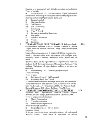 82
Shaping as a managerial tool Attitudes-meaning and definition
Types of attitudes
i) Job satisfaction , ii) Job involvement , iii) Organisational
commitment Personality-Meaning and definition Major personality
attributes influencing Organisational Behaviour
i) Locus of control
ii) Machiavellianism
iii) Self-Esteem
iv) Self –Monitoring
v) Risk-taking
vi) Type-A Type-B
vii) Pro-active personality Short notes
i) Perception
ii) Selective perception
iii) Values
iv) Emotions
3 FOUNDATIONS OF GROUP BEHAVIOUR Reference book:
Organizational Behavior Authors: Stephen Robbins & Seema
Sanghi, Publisher: Pearson Education (2006) Group –meaning and
definition
Stages of group development (5 stage model) Role: meaning role-
identity, role-perception, role- expectation, role-conflicts, role-
ambiguity. Status : meaning, Sources of status, Significance of
status
Reference book for the topic “Status” : Organizational Behavior
Authors: Keith Davis & Newstrom-11th edition ,Publisher: Tata
McGraw Techniques of group-decision making (with merits &
demerits)
i) Brainstorming , ii) Nominal group technique
Teams : meaning
Types of teams
i) Problem-solving , ii) Self-managed
iii) Cross-functional , iv) Virtual
Skills used in effective team building Consultation skills Research
& presentation skills Inter-personal skills , Reference book for the
topic “Skills used….. ” : Organizational Behavior Authors: Keith
Davis & Newstrom-11th edition ,Publisher: Tata McGraw
25%
4 FOUNDATIONS OF ORGANISATIONAL STRUCTURE
Reference book: Organizational Behavior Authors: Stephen
Robbins & Seema Sanghi, Publisher: Pearson Education (2006)
Types of Organisational structures
i) Matrix Organisation
ii) Virtual organization
iii) Boundaryless Organisation
Power-meaning & definition
i) Bases of power , ii) Power Tactics
Managing change
Reference book for the topic –Managing change : Organizational
Behavior Authors: Keith Davis & Newstrom-11th edition
25%
 
