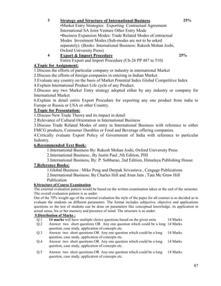 87
3 Strategy and Structure of International Business
•Market Entry Strategies: Exporting Contractual Agreement
International SA Joint Venture Other Entry Mode
•Business Expansion Modes: Trade Related Modes oContractual
Modes Investment Modes (Sub-modes are not to be asked
separately). (Books: International Business: Rakesh Mohan Joshi,
Oxford University Press)
25%
4 Export & Import Procedure
Entire Export and Import Procedure (Ch-26 PP 487 to 510)
25%
4.Topic for Assignment:
1.Discuss the efforts of particular company or industry in international Market
2.Discuss the efforts of foreign companies in entering in Indian Market
3.Evaluate any country on the basis of Market Potential Index Global Competitive Index
4.Explain International Product Life cycle of any Product.
5.Discuss any two Market Entry strategy adopted either by any industry or company for
International Market.
6.Explain in detail entire Export Procedure for exporting any one product from india to
Europe or Russia or USA or other Country.
5.Topic for Presentation:
1.Discuss New Trade Theory and its impact in detail
2.Relevance of Cultural Orientation in International Business
3.Discuss Trade Related Modes of entry in International Business with reference to either
FMCG products, Consumer Durables or Food and Beverage offering companies.
4.Critically evaluate Export Policy of Government of India with reference to particular
Industry.
6.Recommended Text Book:
1.International Business By: Rakesh Mohan Joshi, Oxford University Press
2.International Business:, By Justin Paul ,5th Edition, PHI
3.International Business, By: P. Subbarao, 2nd Edition, Himalaya Publishing House.
7.Reference Books:
1.Global Business : Mike Peng and Deepak Srivastava , Cengage Publications
2.International Business: By Charles Hill and Arun Jain , Tata Mc Graw Hill
Publication
8.Structure of Course Examination
The external evaluation pattern would be based on the written examination taken at the end of the semester.
The overall evaluation pattern is as under:
Out of the 70% weight age of the external evaluation the style of the paper for all courses is so decided as to
evaluate the students on different parameters. The format includes subjective, objective and applications
questions so the test of students can be done on parameters like conceptual knowledge, its application in
actual sense, his or her memory and presence of mind. The structure is as under:
9.Distribution of Marks :
Q.1 14 marks will have multiple choice questions based on the given units 14 Marks
Q.2 Answer two short questions OR Any one question which could be a long
question, case study, application of concepts etc.
14 Marks
Q.3 Answer two short questions OR Any one question which could be a long
question, case study, application of concepts etc.
14 Marks
Q.4 Answer two short questions OR Any one question which could be a long
question, case study, application of concepts etc.
14 Marks
Q.5 Answer two short questions OR Any one question which could be a long
question, case study, application of concepts etc.
14 Marks
 