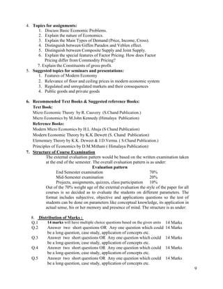 9
4. Topics for assignments:
1. Discuss Basic Economic Problems.
2. Explain the nature of Economics.
3. Explain the Main Types of Demand (Price, Income, Cross).
4. Distinguish between Giffen Paradox and Veblen effect.
5. Distinguish between Composite Supply and Joint Supply.
6. Explain the special features of Factor Pricing. How does Factor
Pricing differ from Commodity Pricing?
7. Explain the Constituents of gross profit.
5. Suggested topics for seminars and presentations:
1. Features of Modern Economy
2. Relevance of floor and ceiling prices in modern economic system
3. Regulated and unregulated markets and their consequences
4. Public goods and private goods
6. Recommended Text Books & Suggested reference Books:
Text Book:
Micro Economic Theory by R. Cauvery (S.Chand Publication.)
Micro Economics by M.John Kennedy (Himalaya Publication)
Reference Books:
Modern Micro Economics by H.L Ahuja (S Chand Publication)
Modern Economic Theory by K.K Dewett (S. Chand Publication)
Elementary Theory by K.K. Deweet & J.D.Verma. ( S.Chand Publication.)
Principles of Economics by D.M.Mithani ( Himalaya Publication)
7. Structure of Course Examination
The external evaluation pattern would be based on the written examination taken
at the end of the semester. The overall evaluation pattern is as under:
Evaluation pattern
End Semester examination 70%
Mid-Semester examination 20%
Projects, assignments, quizzes, class participation 10%
Out of the 70% weight age of the external evaluation the style of the paper for all
courses is so decided as to evaluate the students on different parameters. The
format includes subjective, objective and applications questions so the test of
students can be done on parameters like conceptual knowledge, its application in
actual sense, his or her memory and presence of mind. The structure is as under:
8. Distribution of Marks :
Q.1 14 marks will have multiple choice questions based on the given units 14 Marks
Q.2 Answer two short questions OR Any one question which could
be a long question, case study, application of concepts etc.
14 Marks
Q.3 Answer two short questions OR Any one question which could
be a long question, case study, application of concepts etc.
14 Marks
Q.4 Answer two short questions OR Any one question which could
be a long question, case study, application of concepts etc.
14 Marks
Q.5 Answer two short questions OR Any one question which could
be a long question, case study, application of concepts etc.
14 Marks
 
