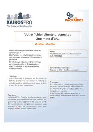 Se préparer aux élections des délégués du
personnel et/ou du comité d’entreprise
Objectifs :
Ce PACKAIROS a pour objectif de vous éclairer
sur la procédure à mettre en place et vous
présenter les différentes actions à mener pour
optimiser le bon déroulement des élections
PREPARER LES ELECTIONS
PROFESSIONNELLES
Processus :
1 – Exploration de votre environnement social
Entretien : 1h30 entre les 2 consultants
et le(a) dirigeant(e)/Manager
• Collecte d’informations à propos
du projet de votre entreprise, des
valeurs qu’elle porte, de son
environnement économique et
social.
2 - Back office entre les 2 consultants + une
compétence associée
3 – Réunion 1h30 ; Synthèse avec le consultant
RH et présentation d’un rapport sur les actions
à mener, l’attitude à adopter pour négocier au
mieux le protocole préélectoral et les
conditions de mise en place de vos institutions
représentatives du personnel
Vous accompagner dans la négociation du
protocole préélectoral en amont des élections:
+ de 10 salariés : délégués du personnel
50 salariés et + : création comité d’entreprise
Avantages :
La particularité du PACKAIROS “relations
sociales“?
C’est de réunir 2 professionnels avec leurs
compétences et angles de vue différents et
complémentaires (l’un stratégique et l’autre
opérationnel) qui vous assurent un conseil
éclairé sur la mise en place des institutions
représentatives du personnel
Consultant(e) référent(e) :
Marie Laure Cleret – RH DESIGN
Compétences associées :
Philippe Chartin – KAIROS-PRO
Nom : PACKAIROS “préparer les élections
professionnelles“
Ref : PKPEP2C
 