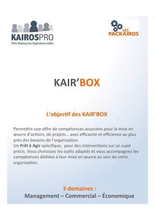 Agir – Gérer – Manager
Objectifs :
Ce PACKAIROS propose de faire le point sur vos
documents uniques et actions engagées dans
l’environnement Sécurité de votre entreprise,
clarifier les besoins nécessaires pour être en
accord avec les textes législatifs et connaître les
limites de responsabilités du dirigeant.
Votre sécurité sécurisée
Processus :
1 - Collecte des informations et questionnaire.
2 – Back Office en compétences partagées &
coopératives pour préparation réunion.
Analyse et synthèse des données en relation
avec l’environnement de l’entreprise.
3 - Réunion 2 heures ; partage, échanges et
clarification, préconisation avec le consultante
et le dirigeant/manager.
Toutes les entreprises à partir de 1 salarié
sont soumises à l’obligation de tenir à jour
les documents uniques et de réaliser
l’évaluation de la pénibilité. La mise en
œuvre de moyens incombent à
l’employeur.
Avantages :
Le PACKAIROS « D.U. & environnement sécurité »
vous permet de clarifier votre situation, connaître
les actions envisageables et les moyens pour
impliquer et engager vos équipes.
Consultant(e) référent(e) :
Laurence COÏC - AZENORA
Nom :
PACKAIROS “D.U. et environnement Sécurité“
Ref : PKDUAZ
 
