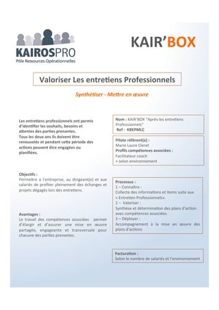 S’interroger – Décider
Objectifs :
Ce Packairos propose de faire le point
sur le système de management
de votre entreprise (Q/E) : pour envisager, ou
pas, la mise en place d’un système de
management intégré Q.E, Q.S, Q.S.E…
pour répondre à vos interrogations sur le sens
que vous souhaitez donner à votre système
de management.
Certification
Qualité – Sécurité – Environnement
ISO 9001 – ISO 45001 – ISO 14001
Votre S.M.Q et/ou votre S.M.E
est(sont) certifié(s)
ISO 9001 v 2008, ISO 14001 v 2004,
vous vous interrogez
sur l’évolutions de celui(ceux-ci) ?
sur les conséquences des exigences
des versions 2015 sur votre organisation ?
sur les bénéfices à attendre de l’intégration
de vos systèmes de management ?
sur l’intérêt d’intégrer
à votre système de management
les obligations réglementaires
de la santé et la sécurité au travail ?
Avantages :
Le Pakairos « Certification Q.S.E » vous permet de
faire le point avec une auditrice certifiée ICA Q.S.E
intégré par AFNOR Certification ; d’identifier et
d’évaluer les évolutions possibles du système
de management de votre entreprise.
Consultant(e) référent(e) :
Françoise Le Clanche
Nom :
PACKAIROS “Certification Q.S.E “
Ref : PKQSEFLC
Processus :
1. Entretien 2 heures avec le(a)
manager/dirigeant, le(a) responsable du
système de management :
présentation de la prestation ;
collecte d’informations.
2. Réalisation d’une synthèse en back office
conjointement avec des compétences
partagées.
3. Réunion 2 heures : présentation au
manager/dirigeant, responsable du système
de management, du CODIR
du diagnostic,
des préconisations,
des bénéfices et contraintes.
 