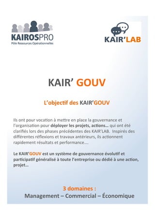 Gérer - Prospecter – développer
Objectifs :
Assurer de manière stratégique et/ou
opérationnelle le développement de votre
activité pour valider et atteindre le niveau qui
permette d’orienter la structurations des
équipes et des moyens que vous souhaitez
mettre en œuvre.
Prestation Responsable commercial
&
externalisation des services associés
Processus :
1 – Connaître :
Processus PACKAIROS « Environnement
commercial »
2 – Valoriser :
Elaboration et validation plan d’action en
commun avec dirigeant/manager/parties
prenantes et compétences associées.
Durée : ½ journée
3 – Déploiement du plan d’action
A partir de une ½ journée/mois + actions
opérationnelles.
Vous souhaitez booster votre activité, vous
ouvrir à un nouveau marché, installer une
nouvelle gamme, un nouveau produit…
Le KAIR’BOX “développement commercial“
vous propose une action ciblée, calibrée et
adaptable par nature aux besoins et
possibilités de votre organisation.
Avantages :
L’engagement est mensuel, bi-mensuel ou
trimestriel, vous gardez ainsi la main sur la
reconduite de la prestation et donc de votre
engagement.
Le KAIR’BOX “développement commercial“ vous
apporte des moyens au moment ou vous en
avez besoin avec les services croisés d’une
équipe habituée à collaborer.
Référent(e) :
Philippe CHARTIN – KAIROS-PRO
Profils compétences associées :
Responsable commercial
Assistance commerciale
Télémarketing
Nom : KAIR’BOX “Développement commercial“
Ref : KBDCPC
Facturation :
Forfait mensuel + % sur chiffre d’affaire HT.
KAIR’BOX
 