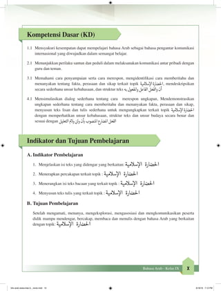 xBahasa Arab - Kelas IX
Kompetensi Dasar (KD)
1.1	 Mensyukuri kesempatan dapat mempelajari bahasa Arab sebagai bahasa pengantar komunikasi
internasional yang diwujudkan dalam semangat belajar.
2.1	 Menunjukkan perilaku santun dan peduli dalam melaksanakan komunikasi antar pribadi dengan
guru dan teman.
3.1	 Memahami cara penyampaian serta cara merespon, mengidentifikasi cara memberitahu dan
menanyakan tentang fakta, perasaan dan sikap terkait topik ‫سالمية‬‫إ‬‫ال‬‫احلضارة‬, mendeskripsikan
secara sederhana unsur kebahasaan, dan struktur teks ‫به‬‫املفعول‬‫و‬‫الفاعل‬‫الفعل‬‫و‬‫أن‬
4.1	 Mensimulasikan dialog sederhana tentang cara merespon ungkapan, Mendemonstrasikan
ungkapan sederhana tentang cara memberitahu dan menanyakan fakta, perasaan dan sikap,
menyusun teks lisan dan tulis sederhana untuk mengungkapkan terkait topik ‫سالمية‬‫إ‬‫ال‬‫احلضارة‬
dengan memperhatikan unsur kebahasaan, struktur teks dan unsur budaya secara benar dan
sesuai dengan ‫التعليل‬‫والم‬‫لن‬‫و‬‫ن‬
‫أ‬
‫ب‬�‫املنصوب‬‫املضارع‬‫الفعل‬
Indikator dan Tujuan Pembelajaran
A.	Indikator Pembelajaran
1.	 Menjelaskan isi teks yang didengar yang berkaitan: ‫سالمية‬‫إ‬‫ال‬ ‫احلضارة‬
2.	 Menerapkan percakapan terkait topik : ‫سالمية‬‫إ‬‫ال‬ ‫احلضارة‬
3.	 Menerangkan isi teks bacaan yang terkait topik : ‫سالمية‬‫إ‬‫ال‬ ‫احلضارة‬
4.	 Menyusun teks tulis yang terkait topik : ‫سالمية‬‫إ‬‫ال‬ ‫احلضارة‬
B.	Tujuan Pembelajaran
Setelah mengamati, menanya, mengeksplorasi, mengasosiasi dan mengkomunikasikan peserta
didik mampu mendengar, bercakap, membaca dan menulis dengan bahasa Arab yang berkaitan
dengan topik: ‫سالمية‬‫إ‬‫ال‬ ‫احلضارة‬
bhs arab siswa klas 9__revisi.indd 10 6/16/16 7:12 PM
 