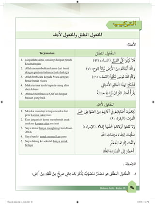 94Bahasa Arab - Kelas IX
‫الـتـركـيب‬
‫جهل‬
‫أ‬
‫ل‬ ‫واملفعول‬ ‫املطلق‬ ‫املفعول‬
:‫ة‬‫مثل‬
‫أ‬
‫ال‬
Terjemahan ‫ق‬
َ
‫ل‬
ْ
‫ط‬ ُ‫امل‬ ‫ول‬ ُ‫ع‬
ْ
‫ف‬ َ‫امل‬
1.	 Janganlah kamu condong dengan penuh
kecondongan
2.	 Allah menumbuhkan kamu dari bumi
dengan partum-buhan sebaik-baiknya
3.	 Allah berbicara kepada Musa dengan
benar-benar bicara
4.	 Maka terima kasih kepada orang alim
dari Asbani
5.	 Ahmad membaca al-Qur’an dengan
bacaan yang baik
)921 :‫(النساء‬ ‫ل‬ْ‫ي‬ َ‫امل‬
َّ ُ
‫ك‬ ‫وا‬
ُ
‫ل‬ْ‫ي‬ِ
َ‫ت‬�
َ
‫ال‬
َ
‫ف‬
)71 :‫(نوح‬
ً ‫ت‬�‫ا‬َ‫ب‬
َ
‫ن‬ ِ‫ض‬ْ‫ر‬
َ‫أ‬
‫ال‬ َ‫ن‬ ِ‫م‬ ْ ُ
‫ك‬َ‫ت‬َ‫ب‬
ْ
‫ن‬
َ
‫أ‬ ُ‫وهللا‬
)461 :‫(النساء‬
ً ْ‫ي‬�ِ
ْ
‫ك‬
َ
‫ت‬ َ‫س‬ْ‫و‬ ُ‫م‬ ُ‫هللا‬ َ َّ َ
‫ك‬ َ‫و‬
‫ي‬ ِ
‫ن‬�‫ا‬َ‫ب‬ ْ‫س‬
َ‫أ‬
‫ال‬ ِ ِ‫ال‬ َ‫ع‬
ْ
‫ال‬ ‫ا‬
َ
‫ذ‬ ِ‫ل‬ ‫ا‬ ً‫ر‬
ْ
‫ك‬
ُ
‫ش‬
َ
‫ف‬
ً
‫ة‬َ‫ن‬ َ‫س‬ َ‫ح‬
ً
‫ة‬َ‫اء‬ َ‫ر‬ِ‫ق‬
َ
‫آن‬ ْ‫ر‬
ُ
‫الق‬ ُ‫د‬َ ْ‫ح‬
َ
‫أ‬
ُ
‫أ‬ َ‫ر‬
ْ
‫ق‬َ‫ي‬
ِ‫ل‬ ْ‫ج‬
َ‫أ‬
‫ل‬ ‫ول‬ ُ‫ع‬
ْ
‫ف‬ َ‫امل‬
1.	 Mereka menutup telinga mereka dari
petir karena takut mati
2.	 Dan janganlah kemu membunuh anak-
anakmu karena takut melarat
3.	 Saya sholat hanya mengharap keridhoan
Alloh
4.	 Saya berdiri untuk memulikan guru
5.	 Saya datang ke sekolah hanya untuk
belajar
َ‫ر‬
َ
‫ذ‬ َ‫ح‬ ِ‫ق‬ ِ‫اع‬َ‫و‬ َّ‫الص‬ َ‫ن‬ ِ‫م‬ ْ‫م‬ْ ِ‫ن‬�‫ا‬
َ
‫آذ‬ ‫ي‬ ِ
‫ف‬
� ْ‫م‬ُ َ‫ع‬ِ‫اب‬ َ‫ص‬
َ
‫أ‬ ‫ون‬
ُ
‫ل‬ َ‫ع‬ْ‫ج‬
َ‫ي‬�
)91 :‫(البقرة‬ ‫ت‬ ْ‫و‬ َ ْ
‫ال‬
):‫اء‬‫رس‬‫إ‬‫(ال‬ ‫ق‬
َ
‫ال‬ ْ‫م‬ِ‫إ‬
َ
‫ة‬َ‫ي‬
ْ
‫ش‬
َ
‫خ‬ ْ‫مك‬َ‫أوالد‬ ‫تقتلوا‬ ‫ال‬َ‫و‬
  ِ
َّ
‫الل‬ ِ‫ات‬ َ‫ض‬ْ‫ر‬ َ‫م‬ َ‫اء‬
َ
‫غ‬ِ‫ت‬ْ‫ب‬ِ‫ا‬ ُ‫ت‬ْ‫ي‬
َّ
‫ل‬ َ‫ص‬
ِّ
‫ل‬ َ‫ع‬ ُ ْ
‫ل‬ِ‫ل‬ ‫ا‬ ً‫ام‬ َ‫ر‬
ْ
‫ك‬ِ‫إ‬ ُ‫ت‬
ْ
‫ف‬
َ
‫ق‬ َ‫و‬
‫ا‬ ً ُّ
‫ل‬ َ‫ع‬
َ
‫ت‬ ِ‫ة‬ َ‫س‬َ‫ر‬ ْ‫د‬ َ ْ
‫ال‬
َ
‫ل‬ِ‫إ‬ ُ ُ‫ض‬� ْ‫ح‬
َ
‫أ‬
: ‫املالحظة‬
1.	: ِ‫ل‬ ْ‫ج‬
َ
‫أ‬ ْ‫ن‬ ِ‫م‬ ِ‫ه‬ ِ‫ظ‬
ْ
‫ف‬
َ
‫ل‬ ْ‫ن‬ ِ‫م‬ ٍ
ْ‫ي‬�ِ
َ‫ص‬ ٍ‫ل‬ ْ‫ع‬ِ‫ف‬ َ‫د‬ ْ‫ع‬َ‫ب‬ ُ‫ر‬
َ
‫ك‬
ْ
‫ذ‬ُ‫ي‬ ٌ‫ب‬ ْ‫و‬ ُ‫ص‬ْ‫ن‬ َ‫م‬ ٌ‫ر‬ َ‫د‬ ْ‫ص‬ َ‫م‬ ‫هو‬ ‫ق‬
َ
‫ل‬
ْ
‫ط‬ ُ ْ
‫ال‬ ‫ل‬ْ‫و‬ ُ‫ع‬
ْ
‫ف‬ َ ْ
‫ال‬
bhs arab siswa klas 9__revisi.indd 94 6/16/16 7:12 PM
 