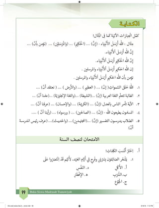 99 Buku Siswa Madrasah Tsanawiyah
‫الكـتـابـة‬
!‫ال‬
َ
‫ث‬ِ
ْ
‫ال‬ ِ
‫ف‬
� ‫ا‬ َ َ
‫ك‬ ‫ة‬َ‫ي‬ِ‫ت‬
‫آ‬
‫ال‬ ‫ات‬ َ‫ار‬َ‫ب‬ ِ‫ع‬
ْ
‫ال‬ ‫ل‬ ِّ‫مك‬
... )
ّ
‫ن‬
‫أ‬
‫ب‬� ‫(نؤمن‬ ... ) ‫ن‬ ْ‫ي‬�ِ‫ل‬ َ‫س‬ْ‫ر‬
ْ
‫ال‬َ‫(و‬ ... ) ْ‫ي‬�ِ‫ك‬َْ
‫(ال‬ ... )
َّ
‫ن‬ِ‫(إ‬ - ‫اء‬َ‫ي‬ِ‫ب‬
ْ
‫ن‬
َ‫أ‬
‫ال‬
َ
‫ل‬ َ‫س‬ْ‫ر‬
َ
‫أ‬ ‫هللا‬ : ‫ال‬
َ
‫ث‬ ِ‫م‬
.‫اء‬َ‫ي‬ِ‫ب‬
ْ
‫ن‬
َ‫أ‬
‫ل‬
ْ
‫ا‬
َ
‫ل‬ َ‫س‬ْ‫ر‬
َ
‫أ‬ ‫هللا‬
َّ
‫ن‬ِ‫إ‬
.‫اء‬َ‫ي‬ِ‫ب‬
ْ
‫ن‬
َ‫أ‬
‫ل‬
ْ
‫ا‬
َ
‫ل‬ َ‫س‬ْ‫ر‬
َ
‫أ‬ ْ‫ي‬�ِ‫ك‬َْ
‫ال‬ ‫هللا‬
ّ
‫ن‬ِ‫إ‬
. ‫ن‬ ‫ي‬�‫واملرسل‬ ‫اء‬َ‫ي‬ِ‫ب‬
ْ
‫ن‬
َ‫أ‬
‫ل‬
ْ
‫ا‬
َ
‫ل‬ َ‫س‬ْ‫ر‬
َ
‫أ‬ ‫ي‬�‫احلك‬ ‫هللا‬ ‫إن‬
. ‫ن‬ ‫ي‬�‫واملرسل‬ ‫اء‬َ‫ي‬ِ‫ب‬
ْ
‫ن‬
َ‫أ‬
‫ل‬
ْ
‫ا‬
َ
‫ل‬ َ‫س‬ْ‫ر‬
َ
‫أ‬ ‫ي‬�‫احلك‬ ‫هللا‬ ‫ن‬
‫أ‬
‫ب‬� ‫نؤمن‬
1.	... )
ّ
‫أن‬ ‫نعتقد‬ ( ... ) ‫رض‬
‫أ‬
‫(وال‬ ... ) ‫ي‬�‫العظ‬ ( ... )
ّ
‫إن‬ ( ِ‫موات‬ َّ‫الس‬ َ‫ق‬
َ
‫ل‬
َ
‫خ‬ ُ‫هللا‬
2.	... )
ّ
‫أن‬ ‫...(عملنا‬ )‫ة‬ّ‫ي‬ ‫ز‬ ‫ي‬�‫ل‬ ‫نج‬� ‫إ‬‫ال‬ ‫...(واللغة‬ )‫...(النشيطة‬ )
ّ
‫(إن‬ ‫العربية‬ ‫اللغة‬
ّ
‫تتعل‬ ‫الطالبة‬
3.	... )
ّ
‫أن‬ ‫(عرفنا‬ ... )‫حسان‬‫إ‬‫(وال‬ ... )‫ة‬ ‫ي‬�‫(الكر‬ ... )
ّ
‫(إن‬ ‫لعدل‬ ‫ب‬� ‫الناس‬ ‫مر‬
‫أ‬ ‫ت‬� ‫ية‬
‫آ‬
‫ال‬
4.	.... )
ّ
‫أن‬ ‫أينا‬‫ر‬( ... )‫ورسوهل‬ ( ... ) ‫ن‬ ‫ي‬�‫(الصاحل‬ ... )
ّ
‫(إن‬ - ‫هللا‬ ‫يطيعون‬ ‫املسملون‬
5.	‫ـة‬‫ـ‬‫املدرس‬ ‫رئيس‬ ‫(عرف‬ ...)‫ـث‬‫ـ‬‫(واحلدي‬ ...) ‫ن‬ ‫ي‬�‫ـد‬‫ـ‬ ‫ت‬� ‫...(املج‬ )
ّ
‫(إن‬ ‫ي‬‫ـر‬‫ـ‬‫التفس‬ ‫ـون‬‫ـ‬‫يدرس‬ ‫ـاب‬‫ـ‬‫الط‬
)
ّ
‫أن‬
‫السنة‬ ‫لنصف‬ ‫االمتحان‬
! ِ‫ات‬ َ ِ
َ
‫الك‬ َ‫ب‬ َ‫س‬
ْ
‫ن‬
َ
‫أ‬ ْ َ‫ت‬�
ْ
‫خ‬ِ‫ا‬ 	.‫أ‬
1.	
َ
‫ل‬َ‫ع‬ ‫وا‬ ُ َ‫ص‬َ‫ت‬
ْ
‫ن‬ِ‫ا‬
ْ‫د‬
َ
‫ق‬ ‫م‬ُ ّ‫ن‬�
َ‫أ‬
ِ‫ل‬ ،‫د‬ْ‫ي‬ َ‫الع‬ ِ‫م‬ َّ‫ي‬�
َ
‫أ‬ ‫ي‬ ِ
‫ف‬
� ٍ‫ح‬ِ‫ر‬
َ
‫وف‬ ٍ‫ر‬ ْ‫و‬ ُ ُ‫س‬ِ‫ب‬ ‫ن‬ْ‫و‬ ُ ِ‫ئ‬�‫ا‬ َ‫الص‬ ‫ر‬ ُ‫ع‬
ْ
‫ش‬َ‫ي‬
ِ‫س‬
ْ
‫ف‬َ‫الن‬ .‫د‬ ِ
ْ
‫ك‬
َ‫أ‬
‫ال‬ .‫أ‬
ِ‫ار‬
َ
‫ط‬
ْ
‫ف‬ ِ‫إ‬‫ال‬ .‫ه‬ ِ‫ب‬ْ ُ‫ش‬�‫ب.ال‬
ِ‫ع‬ ْ‫و‬ُ‫ج‬
ْ
‫ال‬ .‫ج‬
bhs arab siswa klas 9__revisi.indd 99 6/16/16 7:12 PM
 
