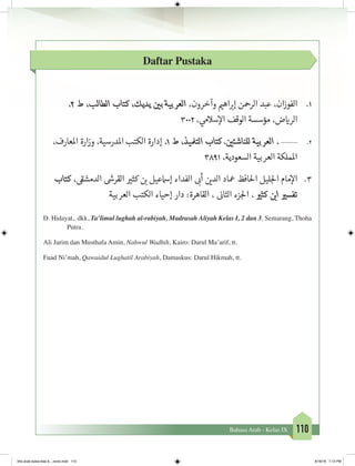 110Bahasa Arab - Kelas IX
Daftar Pustaka
،2 ‫ط‬ ،‫الطالب‬ ‫كتاب‬ ،‫يديك‬ ‫ن‬ ‫ي‬�‫ب‬ ‫العربية‬ ،‫وآخرون‬ ‫ي‬�‫اه‬ ‫ب‬�‫إ‬ ‫الرمحن‬ ‫عبد‬ ،‫ان‬‫ز‬‫الفو‬ 	.1
3002 ، ‫ي‬‫سالم‬‫إ‬‫ال‬ ‫الوقف‬ ‫مؤسسة‬ ،‫ض‬ ‫ي‬�‫الر‬
،‫املعارف‬ ‫ارة‬‫ز‬‫و‬ ،‫املدرسية‬ ‫الكتب‬ ‫إدارة‬ ،1 ‫ط‬ ،‫التمليذ‬ ‫كتاب‬، ‫ن‬ ‫ي‬�‫للناشئ‬ ‫العربية‬ ، --------- 	.2
3891 ،‫السعودية‬ ‫العربية‬ ‫اململكة‬
‫كتاب‬ ، ‫ق‬�‫الدمش‬ ‫ش‬�‫القر‬ ‫ي‬�‫كث‬ ‫ن‬ ‫ب‬� ‫إامسعيل‬ ‫الفداء‬ ‫ب‬�‫أ‬ ‫ن‬ ‫ي‬�‫الد‬ ‫معاد‬ ‫احلافظ‬ ‫ليل‬‫لج‬‫ا‬ ‫مام‬‫إ‬‫ال‬ 	.3
‫العربية‬ ‫الكتب‬ ‫إحياء‬ ‫دار‬ :‫القاهرة‬ ، ‫ن‬�‫الثا‬ ‫زء‬‫لج‬‫ا‬ ، ‫ي‬�‫كث‬ ‫ن‬ ‫ب‬�‫ا‬ ‫ي‬�‫تفس‬
D. Hidayat,. dkk, Ta’limul lughah al-rabiyah, Madrasah Aliyah Kelas I, 2 dan 3, Semarang, Thoha
Putra.
Ali Jarim dan Musthafa Amin, Nahwul Wadhih, Kairo: Darul Ma’arif, tt.
Fuad Ni’mah, Qawaidul Lughatil Arabiyah, Damaskus: Darul Hikmah, tt.
bhs arab siswa klas 9__revisi.indd 110 6/16/16 7:12 PM
 