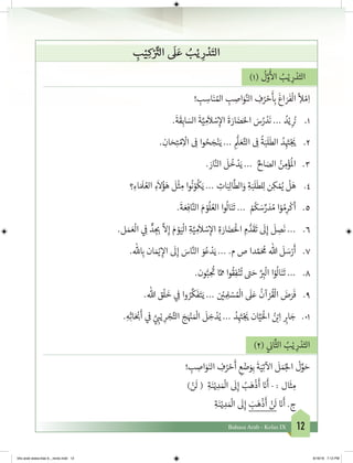 12Bahasa Arab - Kelas IX
ِ‫ب‬ْ‫ي‬ ِ‫ك‬ ْ َّ‫ت‬�‫ال‬
َ
‫ل‬ َ‫ع‬ ُ‫ب‬ْ‫ي‬ ِ‫ر‬ ْ‫د‬َ‫الت‬
)1(
ُ
‫ل‬َّ‫و‬
َ‫أ‬
‫ال‬ ُ‫ب‬ْ‫ي‬ ِ‫ر‬ ْ‫د‬َ‫الت‬
! ِ‫ب‬ ِ‫اس‬َ‫ن‬ ُ‫امل‬ ِ‫ب‬ ِ‫اص‬َ‫و‬َّ‫الن‬ ِ‫ف‬ُ‫ر‬ ْ‫ح‬
َ‫أ‬
ِ‫ب‬�
َ
‫اغ‬ َ‫ر‬
َ
‫ف‬
ْ
‫ال‬ ِ
‫أ‬
‫ل‬ ْ‫م‬ِ‫ا‬
1.	.
َ
‫ة‬
َ
‫ق‬ِ‫اب‬ َ‫الس‬
َ
‫ة‬َّ‫ي‬ ِ‫م‬
َ
‫ال‬ ْ‫س‬ِ‫إ‬‫ال‬
َ
‫ة‬ َ‫ار‬ َ‫ض‬َ‫احل‬ َ‫س‬ُ‫ر‬ ْ‫د‬
َ
‫ن‬ ... ُ‫د‬ْ‫ي‬ ِ
ُ‫ن‬�
2.	. ِ‫ان‬ َ‫ح‬ِ‫ت‬ ْ‫م‬ِ
ْ
‫ال‬ ِ
‫ف‬
� ‫وا‬ ُ‫ح‬ َ‫ج‬ْ‫ن‬َ‫ي‬ ... ِ
ُّ
‫ل‬ َ‫ع‬َّ‫الت‬ ِ
‫ف‬
�
ُ
‫ة‬َ‫ب‬
َ
‫ل‬
َ
‫الط‬ ُ‫د‬ِ
َ‫ت‬�ْ‫ج‬
َ‫ي‬�
3.	. َ‫ار‬َّ‫الن‬
َ
‫ل‬
ُ
‫خ‬ ْ‫د‬َ‫ي‬ ... ُ ِ‫ال‬ َ‫الص‬ ُ‫ن‬ ِ‫م‬ْ‫ؤ‬
ُ
‫ال‬
4.	‫؟‬ ِ‫اء‬ َ َ
‫ل‬ ُ‫الع‬ ِ‫ء‬
َ
‫ال‬ُ‫ؤ‬َ‫ه‬
َ
‫ل‬
ْ
‫ث‬ ِ‫م‬ ‫وا‬
ُ
‫ن‬ ْ‫و‬
ُ
‫ك‬َ‫ي‬ ... ِ‫ات‬َ‫ب‬ِ‫ل‬‫ا‬
َّ
‫الط‬َ‫و‬ ِ‫ة‬َ‫ب‬
َ
‫ل‬
َ
‫لط‬ِ‫ل‬ ‫ن‬ِ‫ك‬ ْ ُ‫ي‬�
ْ
‫ل‬َ‫ه‬
5.	.
َ
‫ة‬ َ‫ع‬ِ‫اف‬َّ‫الن‬ َ‫م‬ ْ‫و‬
ُ
‫ل‬ ُ‫الع‬ ‫وا‬
ُ
‫ال‬َ‫ن‬
َ
‫ت‬ ... ْ ُ
‫ك‬ َ‫س‬ِّ‫ر‬ َ‫د‬ ُ‫م‬ ‫ا‬ْ‫و‬ ُ‫م‬ِ‫ر‬
ْ
‫أك‬
6.	.‫ل‬ َ‫م‬ َ‫ع‬
ْ
‫ال‬ ‫ي‬ ِ
‫ف‬
� ٍّ‫د‬ ِ‫ج‬ ِ‫ب‬�
َّ
‫ال‬ِ‫إ‬ َ‫م‬ ْ‫و‬َ‫ي‬
ْ
‫ال‬ ِ‫ة‬َّ‫ي‬ ِ‫م‬
َ
‫ال‬ ْ‫س‬ِ‫إ‬‫ال‬ ِ‫ة‬ َ‫ار‬ َ‫ض‬َْ
‫ال‬ ِ‫م‬ ُّ‫د‬
َ
‫ق‬
َ
‫ت‬
َ
‫ل‬ِ‫إ‬
َ
‫ل‬ ِ‫ص‬
َ
‫ن‬ ...
7.	.‫هلل‬ ِ‫ب‬� ‫ان‬ َ ْ‫ي‬� ِ‫إ‬‫ال‬
َ
‫ل‬ِ‫إ‬ َ‫اس‬َّ‫الن‬ َ‫و‬ُ‫ع‬ ْ‫د‬َ‫ي‬ ... .‫م‬ ‫ص‬ ‫دا‬ َّ‫م‬َ ُ
‫م‬ ‫هللا‬
َ
‫ل‬ َ‫س‬ْ‫ر‬
َ
‫أ‬
8.	.‫ون‬ُّ‫ب‬ ِ
ُ‫ت‬
� ‫ا‬َّ ِ‫م‬ ‫وا‬
ُ
‫ق‬ِ‫ف‬ْ‫ن‬
ُ
‫ت‬ ‫ت‬� َ‫ح‬ َّ
ِ‫ب‬�
ْ
‫ال‬ ‫ا‬ْ‫و‬
ُ
‫ال‬َ‫ن‬
َ
‫ت‬ ...
9.	.‫هللا‬ ‫ق‬
ْ
‫ل‬
َ
‫خ‬ ‫ي‬ ِ
‫ف‬
� ‫وا‬ ُ‫ر‬
َّ
‫ك‬
َ
‫ف‬َ‫ت‬َ‫ي‬ ... ‫ن‬ ْ‫ي‬� ِ ِ‫ل‬ ْ‫س‬ ُ ْ
‫ال‬
َ
‫ل‬َ‫ع‬
ُ
‫آن‬ ْ‫ر‬
ُ
‫ق‬
ْ
‫ال‬ َ‫ض‬َ‫ر‬
َ
‫ف‬
10.	.ِ‫ه‬ِ‫ث‬‫ا‬َ ْ‫ب‬�
َ
‫أ‬ ‫ي‬
‫ف‬
� َّ‫ي‬ ِ‫ب‬�ْ‫ي‬ ِ‫ر‬ ْ‫ج‬َّ‫الت‬ َ‫ج‬َ ْ‫ن‬� َ ْ
‫ال‬
َ
‫ل‬ ِ‫خ‬ ْ‫د‬ُ‫ي‬ ... ُ‫د‬ِ
َ‫ت‬�ْ‫ج‬
َ‫ي‬� ‫ان‬َّ‫ي‬َْ
‫ال‬ ُ‫ن‬ ْ‫ب‬�ِ‫ا‬ ِ‫ب‬�‫ا‬ َ‫ج‬
)2( ‫ي‬
‫ن‬�‫ا‬
َّ
‫الث‬ ُ‫ب‬ْ‫ي‬ ِ‫ر‬ ْ‫د‬َ‫الت‬
! ِ‫ب‬ ِ‫اص‬َ‫و‬َ‫الن‬ ِ‫ف‬ُ‫ر‬ ْ‫ح‬
َ
‫أ‬ ِ‫ع‬ ْ‫ض‬َ‫و‬ِ‫ب‬
َ
‫ة‬َ‫ي‬ِ‫ت‬
‫آ‬
‫ال‬
َ
‫ل‬ َ‫م‬ُ‫لج‬‫ا‬
ْ
‫ل‬ِّ‫و‬ َ‫ح‬
) ْ‫ن‬
َ
‫ل‬ ( ِ‫ة‬َ‫ن‬ْ‫ي‬ ِ‫د‬ َ ْ
‫ال‬
َ
‫ل‬ِ‫إ‬ ُ‫ب‬َ‫ه‬
ْ
‫ذ‬
َ
‫أ‬ َ‫ن‬�
َ
‫أ‬ - : ‫ال‬
َ
‫ث‬ ِ‫م‬
ِ‫ة‬َ‫ن‬ْ‫ي‬ ِ‫د‬ َ ْ
‫ال‬
َ
‫ل‬ِ‫إ‬ َ‫ب‬َ‫ه‬
ْ
‫ذ‬
َ
‫أ‬ ْ‫ن‬
َ
‫ل‬ َ‫ن‬�
َ
‫أ‬ .‫ج‬
bhs arab siswa klas 9__revisi.indd 12 6/16/16 7:12 PM
 