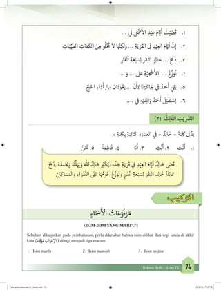 74Bahasa Arab - Kelas IX
... ‫ي‬
‫ف‬
� َ ْ‫ض‬�
َ‫أ‬
‫ال‬ ِ‫د‬ْ‫ي‬ ِ‫ع‬ َ‫م‬ َّ‫ي‬�
َ
‫أ‬ ُ‫ت‬ْ‫ي‬ َ‫ض‬
َ
‫ق‬ 	 .1
ِ‫ات‬َ‫ب‬ِّ‫ي‬
َ
‫الط‬ ِ‫ات‬ َ ِ
َ
‫الك‬ َ‫ن‬ ِ‫م‬ ‫و‬
ُ
‫ل‬ْ‫خ‬ َ‫ت‬
�
َ
‫ال‬ ‫ا‬َ َّ‫ن‬�ِ‫ك‬
َ
‫ل‬ َ‫و‬ ... ِ‫ة‬َ‫ي‬ ْ‫ر‬
َ
‫الق‬ ِ
‫ف‬
� ِ‫د‬ْ‫ي‬ ِ‫الع‬ َ‫م‬ ّ‫ي‬�‫أ‬
َّ
‫ن‬ِ‫إ‬ 	.2
ٍ‫ار‬
َ
‫ف‬
ْ
‫ن‬
َ
‫أ‬ ِ‫ة‬ َ‫ع‬ْ‫ب‬ َ‫س‬ِ‫ل‬ َ‫ر‬
َ
‫ق‬َ‫الب‬ ٍ‫د‬ِ‫ل‬‫ا‬
َ
‫خ‬ ... َ َ‫ب‬�
َ
‫ذ‬ 	.3
... َ‫و‬ ... ‫عىل‬ ِ‫ة‬َّ‫ي‬ ِ
ْ
‫�ض‬
ُ‫أ‬
‫ال‬ ... ُ‫ع‬
َّ
‫ز‬ َ‫و‬
ُ
‫ت‬ 	.4
ِّ‫ج‬َ‫احل‬ ِ‫اء‬َ‫د‬
َ
‫أ‬ ْ‫ن‬ ِ‫م‬ ِ‫ان‬َ‫د‬ْ‫و‬ ُ‫ع‬َ‫ي‬ ...
َّ
‫ن‬
َ‫أ‬
ِ‫ل‬ َ‫ت‬� ْ‫ر‬
َ
‫اك‬ َ‫ج‬ ‫ي‬
‫ف‬
� ُ‫د‬َ ْ‫ح‬
َ
‫أ‬ َ‫ي‬ ِ
‫ق‬�َ‫ب‬ 	.5
.... ‫ي‬
‫ف‬
� ِ‫ه‬ْ‫ي‬ َ‫د‬ِ‫ل‬‫ا‬َ‫و‬ ُ‫د‬َ ْ‫ح‬
َ
‫أ‬
َ
‫ل‬َ‫ب‬
ْ
‫ق‬َ‫ت‬ ْ‫س‬ِ‫ا‬ 	 .6
)3(
ُ
‫ث‬ِ‫ل‬‫ا‬
َ
‫الث‬ َ‫ب‬ْ‫ي‬ ِ‫ر‬ ْ‫د‬َ‫الت‬
: ِ‫ة‬ َ ِ
َ
‫ك‬ِ‫ب‬ ِ‫ة‬َ‫ي‬ِ‫ل‬‫ا‬َ‫الت‬ ِ‫ة‬ َ‫ار‬َ‫ب‬ ِ‫الع‬ ‫ي‬
‫ف‬
� « ٌ‫د‬ِ‫ل‬‫ا‬
َ
‫خ‬ «
َ
‫ة‬َ ِ
َ
‫ك‬
ْ
‫ل‬ ِّ‫د‬َ‫ب‬
ُ‫ن‬ْ َ‫ن‬
� .5 	
ُ
‫ة‬ َ‫م‬ِ‫اط‬
َ
‫ف‬ .4 		َ‫ن‬�
َ
‫أ‬ .3 	 ِ‫ت‬
ْ
‫ن‬
َ
‫أ‬ .2 	 َ‫ت‬
ْ
‫ن‬
َ
‫أ‬ 	.1
َ َ‫ب‬�
َ
‫,ذ‬ ُ‫ه‬ ُ‫د‬ َ‫م‬ْ َ‫ي‬�َ‫و‬ ُ ُ
‫ل‬
ِّ
‫ل‬َ ُ‫ي‬� َ‫و‬ َ‫هللا‬ ٌ‫د‬ِ‫ل‬‫ا‬
َ
‫خ‬ ِّ‫ب‬�
َ
‫ك‬ُ‫ي‬ ،ِ‫ه‬ ِّ‫د‬ َ‫ج‬ ِ‫ة‬َ‫ري‬
َ
‫ق‬ ‫ي‬
‫ف‬
� ِ‫د‬ْ‫ي‬ ِ‫الع‬ َ‫م‬ َّ‫ي‬�
َ
‫أ‬ ٌ‫د‬ِ‫ل‬‫ا‬
َ
‫خ‬ َ‫ض‬�
َ
‫ق‬
ِ
‫ن‬ ْ‫ي‬�ِ‫اك‬ َ‫س‬ َ ْ
‫وال‬ ِ‫اء‬ َ‫ر‬
َ
‫ق‬
ُ
‫الف‬
َ
‫ل‬َ‫ع‬ ‫ا‬َ ُ‫وم‬ُُ
‫ل‬ ُ‫ع‬
َّ
‫ز‬ َ‫و‬
ُ
‫ت‬ َ‫و‬ ٍ‫ار‬
َ
‫ف‬
ْ
‫ن‬
َ
‫أ‬ ِ‫ة‬ َ‫ع‬ْ‫ب‬ َ‫س‬ِ‫ل‬ َ‫ر‬
َ
‫ق‬َ‫الب‬ ٍ‫د‬ِ‫ل‬‫ا‬
َ
‫خ‬
ُ‫ة‬ َ
‫ل‬ِ‫ئ‬‫ا‬َ‫ع‬
‫كيب‬ ‫ت‬�‫ال‬
ِ‫اء‬َ ْ‫س‬
َ‫أ‬ ْ
‫ال‬ ُ‫ات‬ َ‫ع‬ْ‫و‬
ُ
‫ف‬ ْ‫ر‬ َ‫م‬
(ISIM-ISIM YANG MARFU’)
Sebelum dilanjutkan pada pembahasan, perlu diketahui bahwa isim dilihat dari segi tanda di akhir
kata )‫ة‬ َ‫ع‬ِ‫ق‬ْ‫و‬ َ‫م‬‫اب‬ َ‫ر‬ْ‫ع‬ ‫إ‬‫ال‬( dibagi menjadi tiga macam:
3.	 Isim majrur2.	 Isim mansub1.	 Isim marfu
bhs arab siswa klas 9__revisi.indd 74 6/16/16 7:12 PM
 