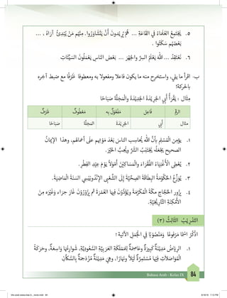 84Bahasa Arab - Kelas IX
5.	... ، ُ‫اه‬ َ‫آر‬ ُ‫ئ‬ ِ‫د‬ْ‫ب‬ُ‫ي‬ ْ‫ن‬ َ‫م‬ ‫م‬ُ ْ‫ن‬� ِ‫م‬ .‫وا‬ ُ‫ر‬ َ‫او‬
َ
‫ش‬
َ
‫ت‬َ‫ي‬
ْ
‫ن‬
َ
‫أ‬
َ
‫دون‬ْ‫ي‬ ِ
ُ‫ي‬� ْ ُ
‫ه‬ ... ِ‫ة‬َ‫اع‬
َ
‫الق‬ ‫ي‬
‫ف‬
� ُ‫اء‬ َ َ
‫ل‬ ُ‫الع‬ ُ‫ع‬ ِ‫م‬َ‫ت‬ْ‫ج‬
َ‫ي‬�
. ‫وا‬ُ‫ت‬
َ
‫ك‬ َ‫س‬ ‫م‬ ُ َ‫ض‬� ْ‫ع‬َ‫ب‬
6.	ِ‫ات‬
َ
‫ئ‬ِّ‫ي‬ َ‫الس‬
َ
‫ون‬
ُ
‫ل‬ َ‫م‬ ْ‫ع‬َ‫ي‬ ِ‫اس‬َ‫الن‬ َ‫ض‬ ْ‫ع‬َ‫ب‬ ... َ‫ر‬ ْ‫ه‬َ‫لج‬‫وا‬ َّ ِ‫الس‬ ُ َ
‫ل‬ ْ‫ع‬َ‫ي‬ َ‫هللا‬ ... ُ‫د‬ِ‫ق‬َ‫ت‬ ْ‫ع‬
َ
‫ن‬
	
‫ره‬ ِ‫آخ‬ ‫ضبط‬ ‫مع‬ ‫ا‬
ً
‫ف‬ ْ‫ر‬
َ
‫ظ‬ ‫ومعطوفا‬ ‫به‬ ‫ومفعوال‬ ‫فاعال‬ ‫يكون‬ ‫ما‬ ‫منه‬ ‫ح‬ِ‫واستخر‬ ، ‫ي‬‫يل‬ ‫ما‬ ‫أ‬‫ر‬‫اق‬ 	-‫ب‬
!‫حلركة‬ ‫ب‬�
‫ا‬ ً‫اح‬َ‫ب‬ َ‫ص‬
َ‫ة‬ َّ
‫ل‬ َ‫�ج‬ َ ْ
‫وال‬
َ
‫ة‬ َ‫د‬ْ‫ي‬ ِ‫د‬َ‫لج‬‫ا‬
َ
‫ة‬ َ‫د‬ْ‫ي‬ ِ‫ر‬َ‫لج‬‫ا‬ ‫ي‬ ِ‫ب‬�
َ
‫أ‬
ُ
‫أ‬ َ‫ر‬
ْ
‫ق‬َ‫ي‬ : ‫ال‬
َ
‫ث‬ ِ‫م‬
‫ق‬
�‫الر‬‫ل‬ ِ‫اع‬
َ
‫ف‬‫ه‬ِ‫ب‬
ٌ
‫ل‬ْ‫و‬ ُ‫ع‬
ْ
‫ف‬ َ‫م‬
ٌ
‫وف‬
ُ
‫ط‬ ْ‫ع‬ َ‫م‬
ٌ
‫ف‬ْ‫ر‬
َ
‫ظ‬
‫مثال‬‫ي‬ ِ‫ب‬�
َ
‫أ‬
َ
‫ة‬ َ‫د‬ْ‫ي‬ ِ‫ر‬َ‫لج‬‫ا‬
َ‫ة‬ َّ
‫ل‬ َ‫�ج‬ َ‫امل‬‫ا‬ ً‫اح‬َ‫ب‬ َ‫ص‬
1.	
ُ
‫ان‬ ‫ي‬� ‫إ‬‫ال‬ ‫وهذا‬ ،‫أمعاهلم‬
َ
‫عل‬ ‫م‬ ِ‫ت‬� ْ‫و‬ َ‫م‬ َ‫د‬ ْ‫ع‬َ‫ب‬ َ‫الناس‬ ‫ب‬ ِ‫اس‬
ُ‫ي‬� ‫هللا‬
َّ
‫ن‬
‫أ‬
‫ب‬� ِ‫ل‬ ْ‫س‬ ُ ْ
‫ال‬ ‫ن‬ ِ‫يؤم‬
.َ ْ‫ي‬�َ‫خ‬‫ال‬ ُّ‫ب‬ ِ
ُ‫ي‬�‫و‬ َّ َ‫ش‬�‫ال‬ ُ‫ب‬ِ‫ن‬َ‫ت‬ْ‫ج‬
َ‫ي‬�
ُ
‫ل‬ َ‫ع‬ْ‫ج‬ ‫ي‬� ‫الصحيح‬
2.	. ِ‫ر‬
ْ
‫ط‬ِ‫الف‬ ِ‫د‬ْ‫ي‬ ِ‫ع‬ َ‫م‬ ْ‫و‬َ‫ي‬
ً
‫ال‬َ‫و‬ ْ‫م‬
َ
‫أ‬ َ‫ن‬ ْ‫ي‬�ِ‫اك‬ َ‫س‬ َ ْ
‫وال‬ َ‫اء‬ َ‫ر‬
َ
‫ق‬
ُ
‫الف‬ ُ‫اء‬َ‫ي‬ِ‫ن‬
ْ
‫غ‬
َ‫أ‬ ْ
‫ال‬ ِ‫ط‬ ْ‫ع‬ُ‫ي‬
3.	.
َ
‫ة‬َ‫ي‬ ِ‫اض‬ َ ْ
‫ال‬
َ
‫ة‬َ‫ن‬ َ‫الس‬ ‫ي‬ ِ‫س‬ْ‫ي‬ِ‫ن‬‫و‬ ُ‫د‬
ْ
‫ن‬ ِ‫إ‬‫ال‬ ِ‫ب‬� ْ‫ع‬
َّ
‫الش‬
َ
‫ل‬ِ‫إ‬
َ
‫ة‬َّ‫ي‬ ِّ‫ح‬ ِ‫الص‬
َ
‫ة‬
َ
‫اق‬
َ
‫ط‬ ِ‫الب‬
ُ
‫ة‬ َ‫م‬ْ‫و‬
ُ
‫ك‬ُ‫احل‬ ُ‫ع‬
ِّ
‫ز‬ َ‫و‬ُ‫ي‬
4.	َ‫ن‬ ِ‫م‬ ‫ه‬َ ْ‫ي‬�
َ
‫غ‬َ‫و‬ ‫اء‬ َ‫ر‬ ِ‫ح‬ َ‫ار‬
َ
‫غ‬
َ
‫ن‬ْ‫و‬ ُ‫ر‬ ْ‫و‬ُ‫ز‬ ‫ي‬� ‫ث‬�
َ
‫ة‬ َ‫ر‬ ْ‫م‬ ُ‫الع‬ ‫ا‬َ ‫ي‬�ِ‫ف‬
َ
‫ن‬ْ‫و‬ُّ‫د‬َ‫ؤ‬ُ‫وي‬
َ
‫ة‬ َ‫م‬َّ‫ر‬
َ
‫ك‬ ُ ْ
‫ال‬
َ
‫ة‬
ّ
‫مك‬ ‫اج‬ َّ‫ج‬ُ‫احل‬ ‫ور‬ُ‫ز‬ ‫ي‬�
.ِ‫ة‬َّ‫ي‬ ِ‫خ‬ ْ‫ي‬� ِ‫ار‬َّ‫الت‬ ِ‫ة‬َ‫ن‬ِ‫ك‬ ْ‫م‬
َ‫أ‬
‫ال‬
)3(
ُ
‫ث‬ِ‫ل‬‫ا‬
َ
‫الث‬ ُ‫ب‬ْ‫ي‬ ِ‫ر‬ ْ‫د‬َ‫الت‬
! ‫تية‬
‫آ‬
‫ال‬ ِ‫ل‬ َ‫م‬ُ‫ج‬
ْ
‫ال‬ ‫ي‬ ِ
‫ف‬
� ً‫ب‬� ْ‫و‬ ُ‫ص‬ْ‫ن‬ َ‫م‬َ‫و‬ ‫ا‬ً‫فوع‬ ْ‫ر‬ َ‫م‬ ‫ا‬ً ْ‫اس‬ ْ‫ر‬
ُ
‫ك‬
ْ
‫اذ‬
1.	
ُ
‫ة‬
َ
‫ك‬ َ‫ر‬ َ‫وح‬ ،
ٌ
‫ة‬ َ‫ع‬ ِ‫اس‬َ‫و‬ ‫ا‬َ ُ‫ع‬ِ‫وار‬
َ
‫ش‬ ،ِ‫ة‬َّ‫ي‬ ِ‫ود‬ ُ‫ع‬ ُّ‫الس‬ ِ‫ة‬َّ‫ي‬ِ‫ب‬ َ‫ر‬ َ‫الع‬ ِ‫ة‬
َ
‫ك‬
َ
‫ل‬ ْ‫م‬ َ‫مل‬ِ‫ل‬
ٌ
‫ة‬َ ِ‫اص‬َ‫وع‬
ٌ
‫ة‬َ ‫ي‬� ِ‫ب‬
َ
‫ك‬
ٌ
‫ة‬َ‫ن‬ْ‫ي‬ ِ‫د‬ َ‫م‬ ُ‫ض‬ َ‫ي‬� ِ‫الر‬
ِ‫ن‬
َّ
‫اك‬ ُّ‫لس‬ ِ‫ب‬�
ٌ
‫ة‬َ ِ‫ح‬َ‫د‬ ْ‫ز‬ ُ‫م‬
ٌ
‫ة‬َ‫ن‬ْ‫ي‬ ِ‫د‬ َ‫م‬ َ‫ي‬ ِ‫وه‬ ،‫ا‬ ً‫ار‬َ َ‫ن‬�‫و‬
ً
‫ال‬ْ‫ي‬
َ
‫ل‬
ٌ
‫ة‬ َّ‫ر‬ ِ‫م‬َ‫ت‬ ْ‫س‬ ُ‫م‬ ‫ا‬ ْ‫ي‬�ِ‫ف‬ ِ‫ت‬
َ
‫ال‬ َ‫اص‬َ‫و‬ ُ ْ
‫ال‬
bhs arab siswa klas 9__revisi.indd 84 6/16/16 7:12 PM
 