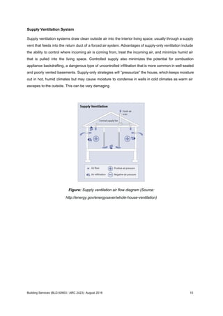 Supply Ventilation System
Supply ventilation systems draw clean outside air into the interior living space, usually through a supply
vent that feeds into the return duct of a forced air system. Advantages of supply-only ventilation include
the ability to control where incoming air is coming from, treat the incoming air, and minimize humid air
that is pulled into the living space. Controlled supply also minimizes the potential for combustion
appliance backdrafting, a dangerous type of uncontrolled infiltration that is more common in well-sealed
and poorly vented basements. Supply-only strategies will “pressurize” the house, which keeps moisture
out in hot, humid climates but may cause moisture to condense in walls in cold climates as warm air
escapes to the outside. This can be very damaging.
Figure: Supply ventilation air flow diagram (Source:
http://energy.gov/energysaver/whole-house-ventilation)
Building Services (BLD 60903 / ARC 2423): August 2016 10
 