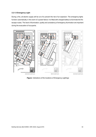 3.2.1.5 Emergency Light
During a fire, all electric supply will be cut of to prevent the risk of an explosion. The emergency lights
function automatically in the event of a power failure. It is fitted with charged battery to illuminate the fire
escape routes. The level of illumination, quality and consistency of emergency illumination are important
during the evacuation of occupants.
Figure: Indications of the locations of Emergency Lightings
Building Services (BLD 60903 / ARC 2423): August 2016 44
 