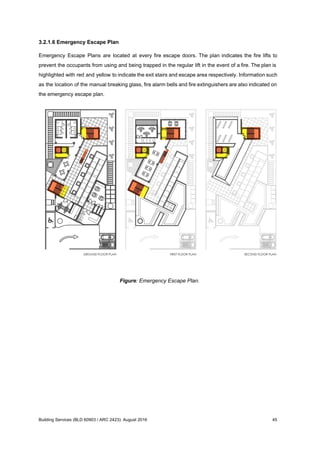 3.2.1.6 Emergency Escape Plan
Emergency Escape Plans are located at every fire escape doors. The plan indicates the fire lifts to
prevent the occupants from using and being trapped in the regular lift in the event of a fire. The plan is
highlighted with red and yellow to indicate the exit stairs and escape area respectively. Information such
as the location of the manual breaking glass, fire alarm bells and fire extinguishers are also indicated on
the emergency escape plan.
Figure: Emergency Escape Plan.
Building Services (BLD 60903 / ARC 2423): August 2016 45
 