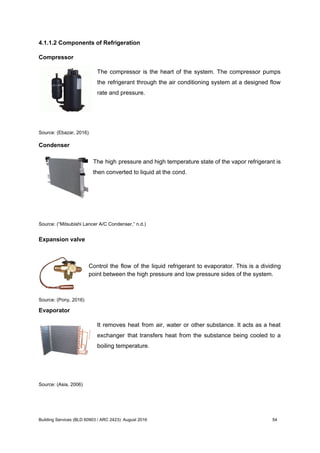 4.1.1.2 Components of Refrigeration
Compressor
The compressor is the heart of the system. The compressor pumps
the refrigerant through the air conditioning system at a designed flow
rate and pressure.
Source: (Ebazar, 2016)
Condenser
The high pressure and high temperature state of the vapor refrigerant is
then converted to liquid at the cond.
Source: (“Mitsubishi Lancer A/C Condenser,” n.d.)
Expansion valve
Control the flow of the liquid refrigerant to evaporator. This is a dividing
point between the high pressure and low pressure sides of the system.
Source: (Pony, 2016)
Evaporator
It removes heat from air, water or other substance. It acts as a heat
exchanger that transfers heat from the substance being cooled to a
boiling temperature.
Source: (Asia, 2006)
Building Services (BLD 60903 / ARC 2423): August 2016 54
 
