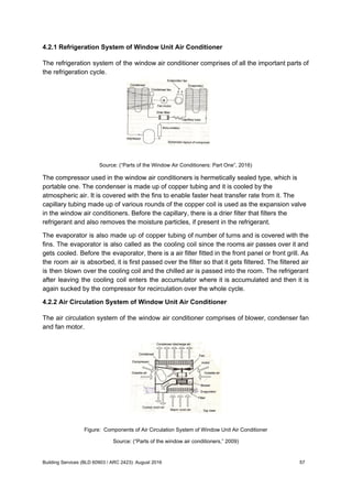 4.2.1 Refrigeration System of Window Unit Air Conditioner
The refrigeration system of the window air conditioner comprises of all the important parts of
the refrigeration cycle.
Source: (“Parts of the Window Air Conditioners: Part One”, 2016)
The compressor used in the window air conditioners is hermetically sealed type, which is
portable one. The condenser is made up of copper tubing and it is cooled by the
atmospheric air. It is covered with the fins to enable faster heat transfer rate from it. The
capillary tubing made up of various rounds of the copper coil is used as the expansion valve
in the window air conditioners. Before the capillary, there is a drier filter that filters the
refrigerant and also removes the moisture particles, if present in the refrigerant.
The evaporator is also made up of copper tubing of number of turns and is covered with the
fins. The evaporator is also called as the cooling coil since the rooms air passes over it and
gets cooled. Before the evaporator, there is a air filter fitted in the front panel or front grill. As
the room air is absorbed, it is first passed over the filter so that it gets filtered. The filtered air
is then blown over the cooling coil and the chilled air is passed into the room. The refrigerant
after leaving the cooling coil enters the accumulator where it is accumulated and then it is
again sucked by the compressor for recirculation over the whole cycle.
4.2.2 Air Circulation System of Window Unit Air Conditioner
The air circulation system of the window air conditioner comprises of blower, condenser fan
and fan motor.
Figure: Components of Air Circulation System of Window Unit Air Conditioner
Source: (“Parts of the window air conditioners,” 2009)
Building Services (BLD 60903 / ARC 2423): August 2016 57
 