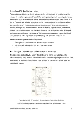 4.4 Packaged Air Conditioning System
Packaged air conditioning system is a larger version of the window air conditioner. Unlike
window air conditioning system, it has a higher cooling capacity and it is usually able to cool
an entire house or a commercial building. The nominal capacities ranges from 3 tonne to 15
tonne. There are two possible arrangements with the package unit. In the first one, all the
components, namely the compressor, condenser, expansion valve and evaporator are
housed in a single box. The cooled air is thrown by the high capacity blower, and it flows
through the ducts laid through various rooms. In the second arrangement, the compressor
and condenser are housed in one casing. The compressed gas passes through individual
units, comprised of the expansion valve and cooling coil, located in various rooms.
Two types of packaged air conditioning system:
- Packaged Air Conditioners with Water Cooled Condenser
- Packaged Air Conditioners with Air Cooled Condenser
4.4.1 Packaged Air Conditioners with Water Cooled Condenser
The condenser is cooled by the water. The condenser is of shell and tube type, with
refrigerant flowing along the tube side and the cooling water flowing along the shell side. The
water has to be supplied continuously in these systems to maintain functioning of the air
conditioning system.
Figure: Components of Packaged Air Conditioners with Water Cooled Condenser
Source: (“What is packaged air conditioner? Types of Packged air Condtioners,” 2010)
Building Services (BLD 60903 / ARC 2423): August 2016 63
 