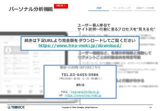 14Copyright © Tribeck Strategies, All right Reserved. 14Copyright © Tribeck Strategies, All right Reserved.
パーソナル分析機能 分析 マーケティング 顧客データ管理
ユーザー個人単位で
サイト訪問～行動に至るプロセスを“見える化”
NEW！
続きは下記URLより完全版をダウンロードしてご覧ください
https://www.hira-meki.jp/download/
製品へのお問い合わせはこちら
TEL.03-6455-5986
（平日10:00～18:00 土・日・祝は除く）
または
MAIL：hirameki@tribeck.jp
HP：https://www.hira-meki.jp
 