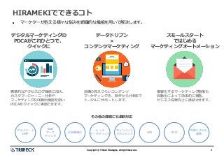 3Copyright © Tribeck Strategies, All right Reserved. 3Copyright © Tribeck Strategies, All right Reserved.
HIRAMEKIでできるコト
 マーケターが抱える様々な悩みを網羅的な機能を用いて解決します。
デジタルマーケティングの
PDCAがこれひとつで、
クイックに
データドリブン
×
コンテンツマーケティング
スモールスタート
ではじめる
マーケティングオートメーション
標準的なアクセスログ機能に加え、
カスタマージャーニー分析や
マーケティングROI算出機能を用い
PDCAをクイックに実施できます。
効果の見えづらいコンテンツ
マーケティングを、制作から分析まで
トータルにサポートします。
複雑化するマーケティング施策も
自動化によって効率的に実施。
ビジネス成果向上に直結させます。
その他の課題にも柔軟対応
B2B
マーケ
ティング
広告最適化
メール
マーケティング
キャンペーン
マネジメント
LPO EFO
外部システム
連携
プライベート
DMP
 