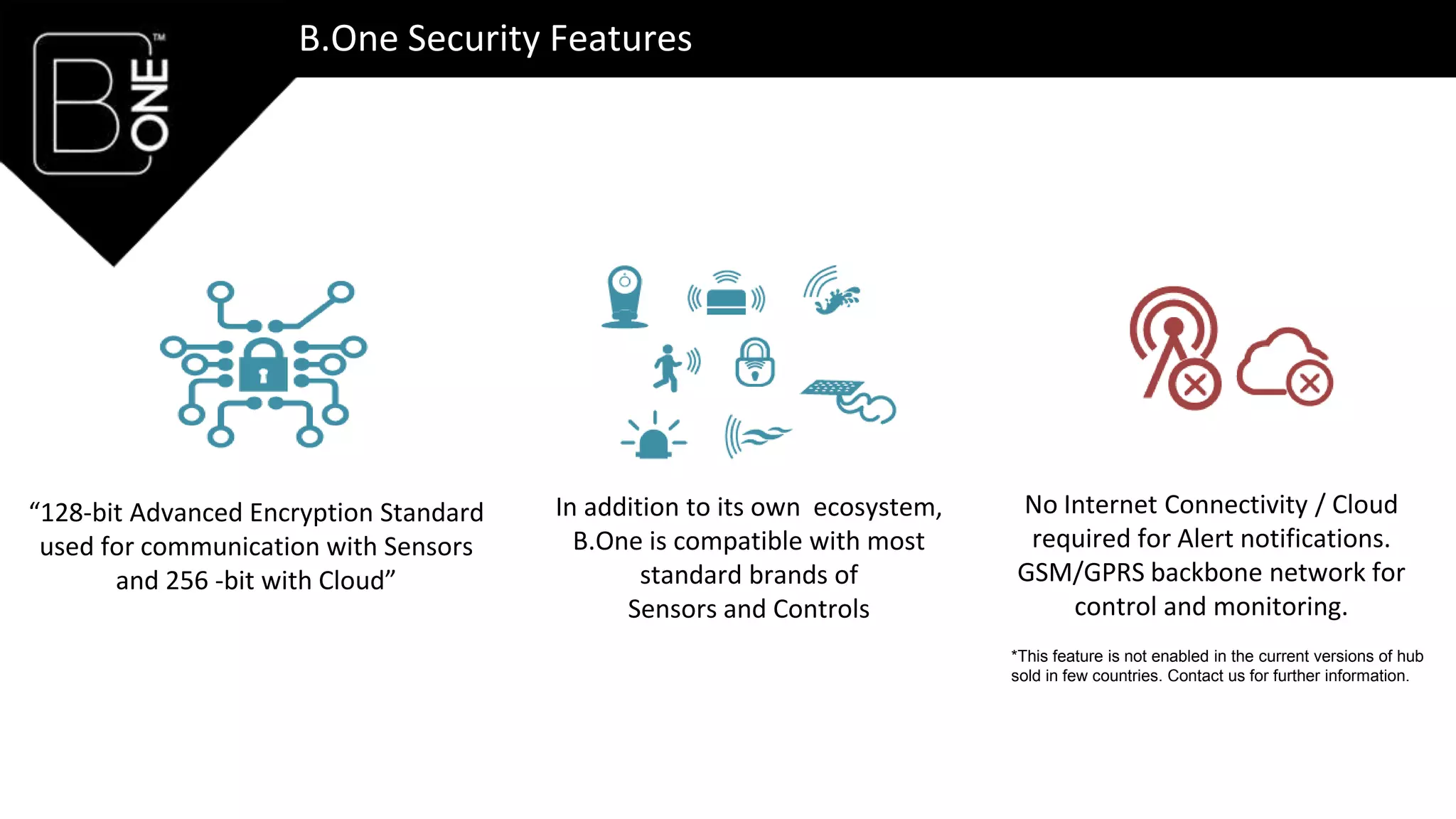 B.One Security Features
“128-bit Advanced Encryption Standard
used for communication with Sensors
and 256 -bit with Cloud”
No Internet Connectivity / Cloud
required for Alert notifications.
GSM/GPRS backbone network for
control and monitoring.
In addition to its own ecosystem,
B.One is compatible with most
standard brands of
Sensors and Controls
*This feature is not enabled in the current versions of hub
sold in few countries. Contact us for further information.
 