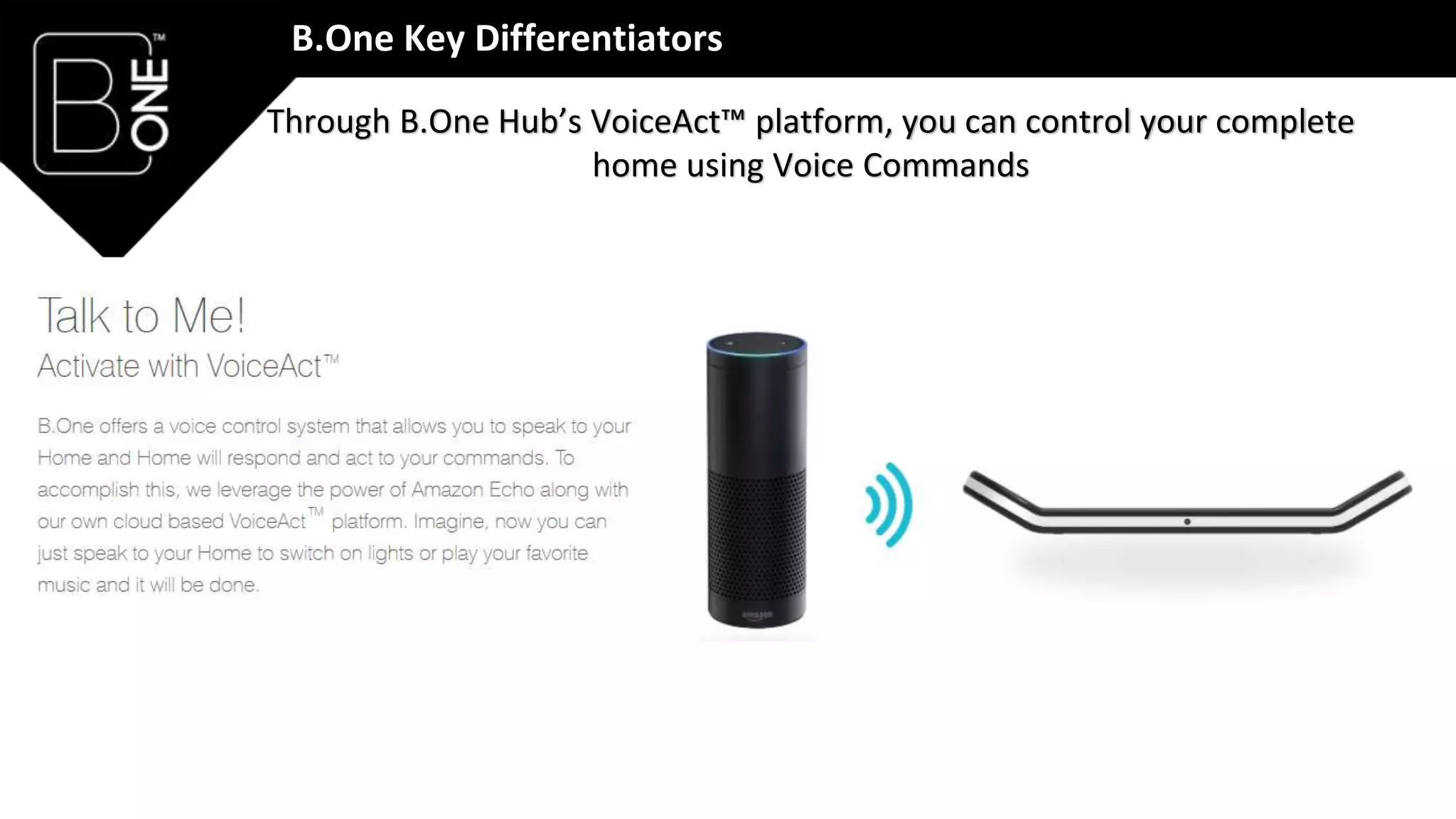 B.One Key Differentiators
Through B.One Hub’s VoiceAct™ platform, you can control your complete
home using Voice Commands
 