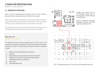 2. PASSIVE FIRE PROTECTION SYSTEM
Building / Fire compartmentation
2.1 SEPARATION OF FIRE RISK AREA
When it comes to spatial planning for building. All fire risk area should be
allocated evenly and separately to prevent from the fire to expend.
Certain spaces could also be designed with passive fire protection elements
to separate them from occupants such as voids, ducts etc. must have means
of fire separation to reduce the chances of fire to spread to other areas.
The condition and operation of fire separation materials and devices must be
checked regularly to ensure optimum performance should it be required.
UBBL section 139:
Separation of fire risk areas
The following area uses shall be separated from the other areas of the
occupancy in which they are located by fire resisting construction of elements
of structure of a FRP to be determined by local authority based on the degree
of hazed.
I. Boiler rooms and associated ducts storage area
II. Laundries
III. Repairs shops involving hazardous processes and materials
IV. Storage are of materials in quantities deemed hazardous
V. Liquefied petroleum gas storage areas
VI. Linen rooms
VII. Flammable liquid stores
II.
Storage room contains most of
the flammable liquids such as
cleaning agents, hazardous liquids
for cleaning tank.
Hence, it is important to separate
flammable materials with other
areas to avoid spread of fire.
Fig 2.1 Showing the location of fire risk area at the basement floor level
 