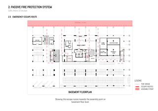 2. PASSIVE FIRE PROTECTION SYSTEM
Safe means of escape
2.5 EMERGENCY ESCAPE ROUTE
LEGEND
FIRE ORIGIN
ESCAPE ROUTES
ASSEMBLY POINT
BASEMENT FLOORPLAN
Showing the escape routes towards the assembly point on
basement floor level
 
