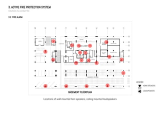 3. ACTIVE FIRE PROTECTION SYSTEM
Solutions to combat fire
3.2 FIRE ALARM
BASEMENT FLOORPLAN
Locations of wall-mounted horn speakers, ceiling-mounted loudspeakers
LEGEND
HORN SPEAKERS
LOUDSPEAKERS
 