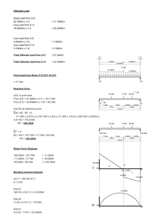 Ultimate Load
Dead Load from 2-2’:
22.7kN/m x 1.4 = 31.78kN/m
Live Load from 2’-3:
19.25kN/m x 1.4 = 26.95kN/m
Live Load from 2-2’:
4.85kN/m x 1.6 = 7.8kN/m
Live Load from 2’-3:
3.43kN/m x 1.6 = 5.5kN/m
Total Ultimate load from 2-2’: = 67.3kN/m
Total Ultimate load from 2’-3: = 32.45kN/m
Point load from Beam 2’/C-D/2’ At C/2’
= 71.7kN
Reaction force
UDL to point load:
From 2-2’ = 67.3kN/m x 2.7 = 181.71kN
From 2’-3 = 32.45kN/m x 1.87 = 60.7kN
Use R2 as reference point:
ΣM = M1
- M2
= 0
0 = (R2 x 4.57m) x [ (181.7kN x 3.22) x (71.7kN x 1.87m) x (60.7kN x 0.935m) ]
4.57 R2 = 775.91kN
3.8 R2 = 169.78kN
ΣF = 0
R2 + R3 = 181.7kN + 71.7kN + 60.7kN
RC + R3 = 144.32kN
Shear Force Diagram
169.78kN - 181.7kN = -11.92kN
- 11.92kN - 71.7kN = -83.62kN
-83.62kN - 60.7kN = -144.32kN
Bending moment diagram
x/2.7 = 169.78/181.7
X = 2.52
Area A:
169.78 x 2.52 / 2 = 213.92kN
Area B:
11.92 x 0.18 / 2 = 1.073kN
Area C:
213.92 - 1.073 = 212.85kN
 