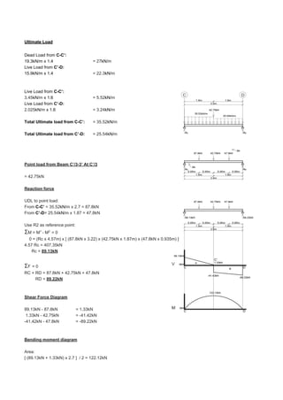 Ultimate Load
Dead Load from C-C’:
19.3kN/m x 1.4 = 27kN/m
Live Load from C’-D:
15.9kN/m x 1.4 = 22.3kN/m
Live Load from C-C’:
3.45kN/m x 1.6 = 5.52kN/m
Live Load from C’-D:
2.025kN/m x 1.6 = 3.24kN/m
Total Ultimate load from C-C’: = 35.52kN/m
Total Ultimate load from C’-D: = 25.54kN/m
Point load from Beam C’/3-3’ At C’/3
= 42.75kN
Reaction force
UDL to point load:
From C-C’ = 35.52kN/m x 2.7 = 87.8kN
From C’-D= 25.54kN/m x 1.87 = 47.8kN
Use R2 as reference point:
ΣM = M1
- M2
= 0
0 = (Rc x 4.57m) x [ (87.8kN x 3.22) x (42.75kN x 1.87m) x (47.8kN x 0.935m) ]
4.57 Rc = 407.35kN
3.8 Rc = 89.13kN
ΣF = 0
RC + RD = 87.8kN + 42.75kN + 47.8kN
RC + RD = 89.22kN
Shear Force Diagram
89.13kN - 87.8kN = 1.33kN
1.33kN - 42.75kN = -41.42kN
-41.42kN - 47.8kN = -89.22kN
Bending moment diagram
Area:
[ (89.13kN + 1.33kN) x 2.7 ] / 2 = 122.12kN
 