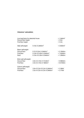 Live load factor for detached house = 1.5kN/m2
Ground floor height: = 3.5m
First floor height: = 3.3m
Slab self-weight: 0.15m X 24kN/m3
= 3.6kN/m2
Beam self-weight:
Ground floor: 0.15 X 0.6m X 24kN/m3
= 2.16kN/m
First floor: 0.15m X 0.45m X 24kN/m3
= 1.62kN/m
Roof: 0.15m X 0.35m X 24kN/m3
= 1.26kN/m
Brick wall self-weight:
Ground floor 3.5m X 0.15m X 19 kN/m3
= 9.98kN/m
First floor: 3.3m X 0.15m X 19kN/m3
= 9.41kN/m
Column self-weight:
Ground floor: 3.5m X 0.2m X 0.2m X 24kN/m3
= 3.36kN
First floor: 3.3m X 0.2m X 0.2m X 24kN/m3
= 3.17kN
Columns’ calculation
 