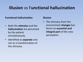 Illusion vs Functional hallucination
Functional hallucination
• Both the stimulus and the
hallucination are perceived
by the patient
simultaneously
• Identified as separate and
not as a transformation of
the stimulus.
Illusion
• The stimulus from the
environment changes but
forms an essential and
integral part of the new
perception.
 
