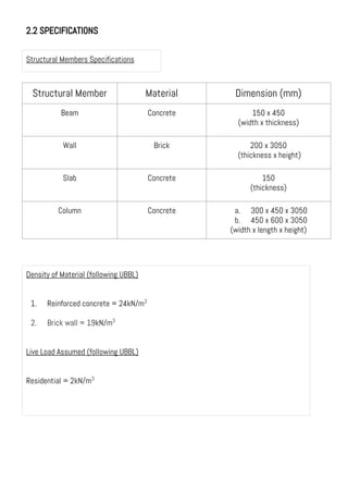 2.2 SPECIFICATIONS
Structural Member Material Dimension (mm)
Beam Concrete 150 x 450
(width x thickness)
Wall Brick 200 x 3050
(thickness x height)
Slab Concrete 150
(thickness)
Column Concrete a. 300 x 450 x 3050
b. 450 x 600 x 3050
(width x length x height)
Density of Material (following UBBL)
1. Reinforced concrete = 24kN/m3
2. Brick wall = 19kN/m3
Live Load Assumed (following UBBL)
Residential = 2kN/m3
Structural Members Specifications
 