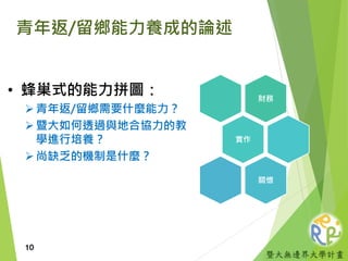 暨大無邊界大學計畫
青年返/留鄉能力養成的論述
財務
實作
關懷
• 蜂巢式的能力拼圖：
青年返/留鄉需要什麼能力？
暨大如何透過與地合協力的教
學進行培養？
尚缺乏的機制是什麼？
10
 