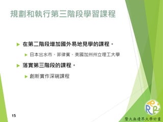 暨大無邊界大學計畫
規劃和執行第三階段學習課程
 在第二階段增加國外易地見學的課程。
 日本出水市、菲律賓、美國加州州立理工大學
 落實第三階段的課程。
 創新實作深碗課程
15
 