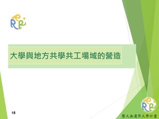 暨大無邊界大學計畫
大學與地方共學共工場域的營造
18
 